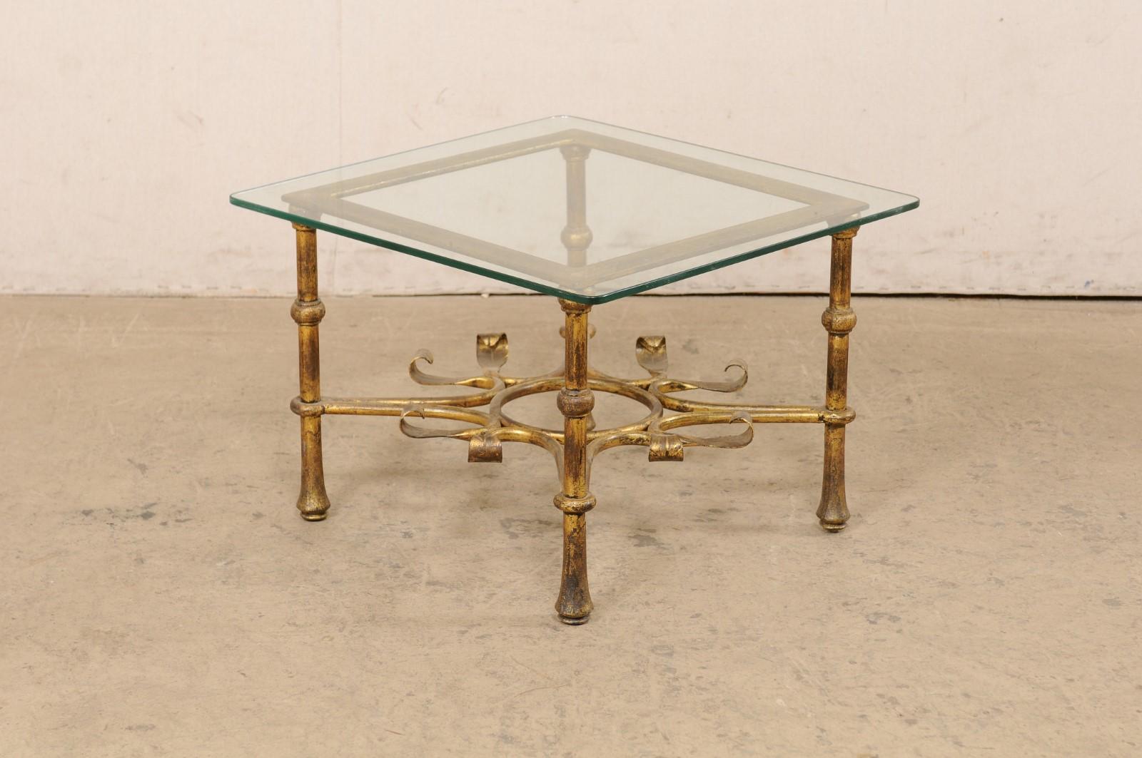 Spanish Accent Table with Gilt Iron Base & Square-Shaped Glass Top, Mid 20th C. For Sale 4