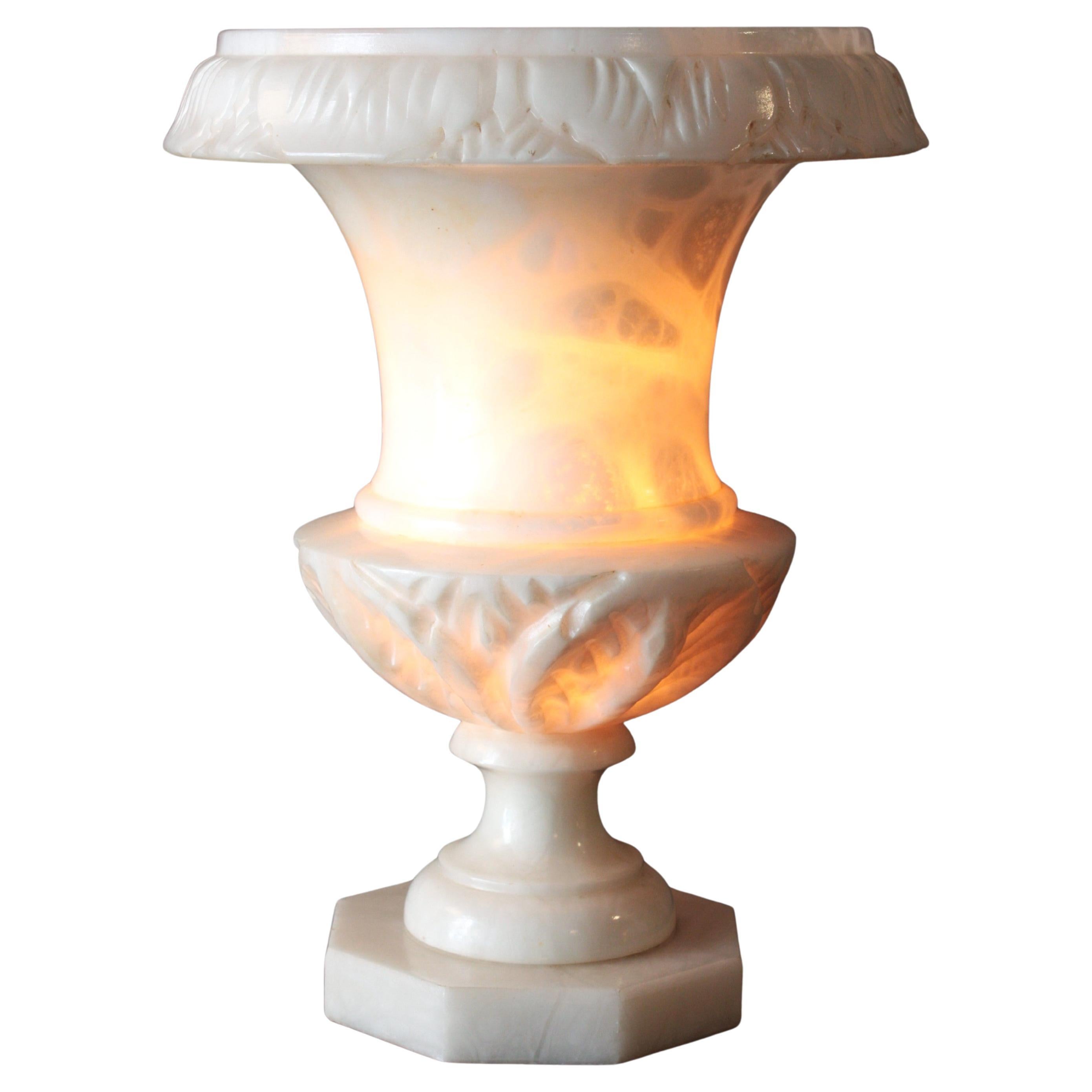 Spanish Alabaster Urn Lamp with Foliage Carved Details, 1940s