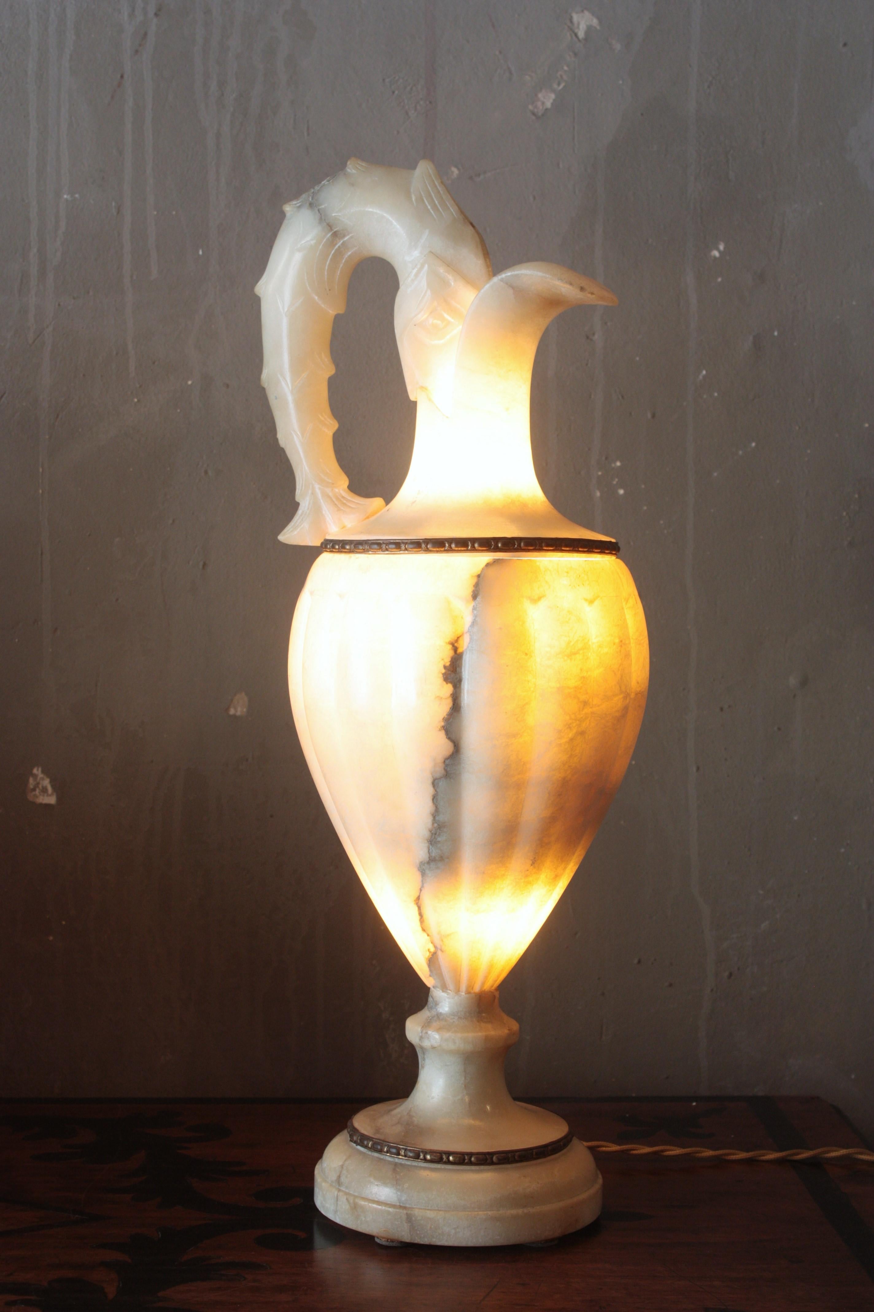 Spanish Albaster Large Urn Jar Table Lamp, 1940 For Sale 4