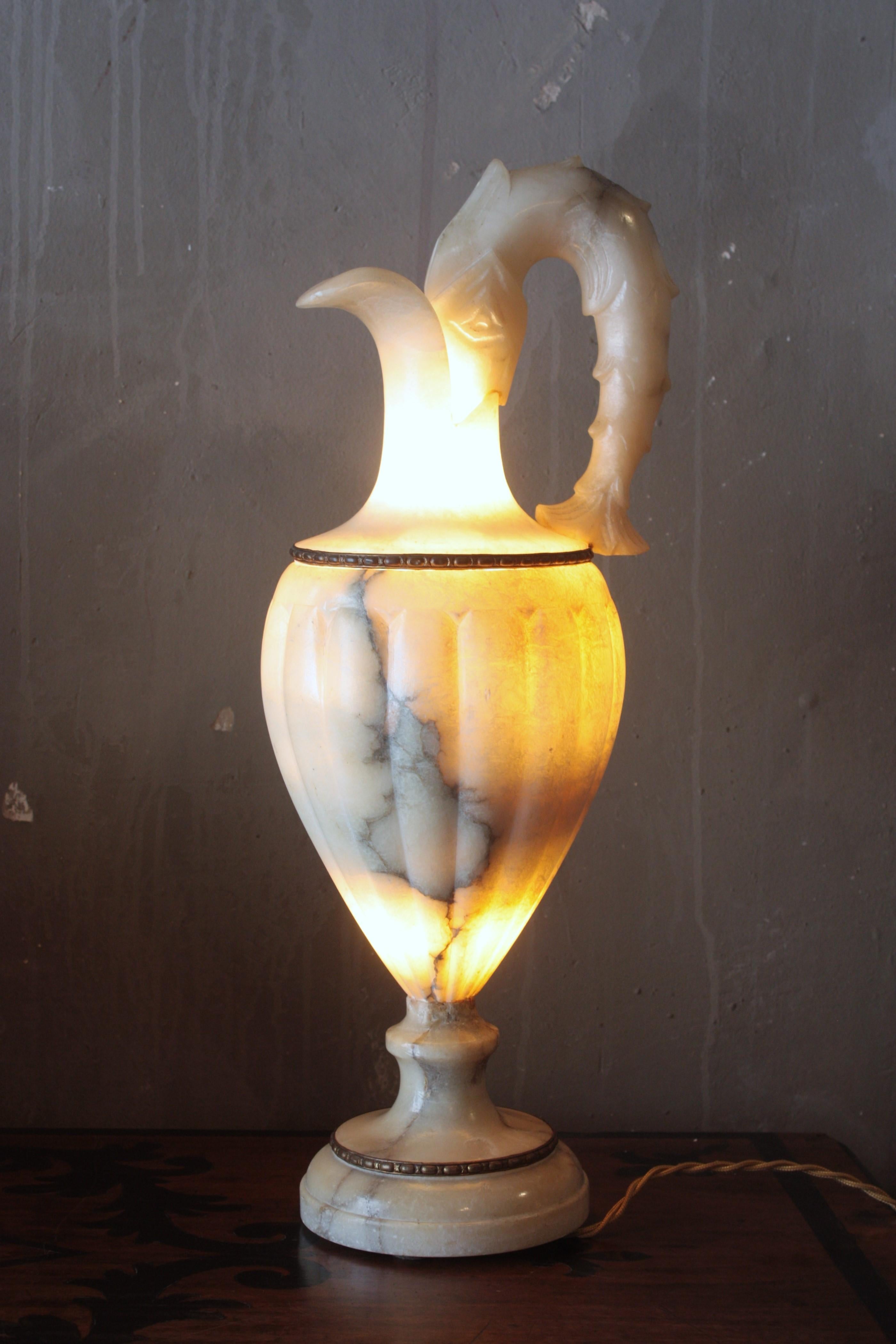 Spanish Albaster Large Urn Jar Table Lamp, 1940 For Sale 7