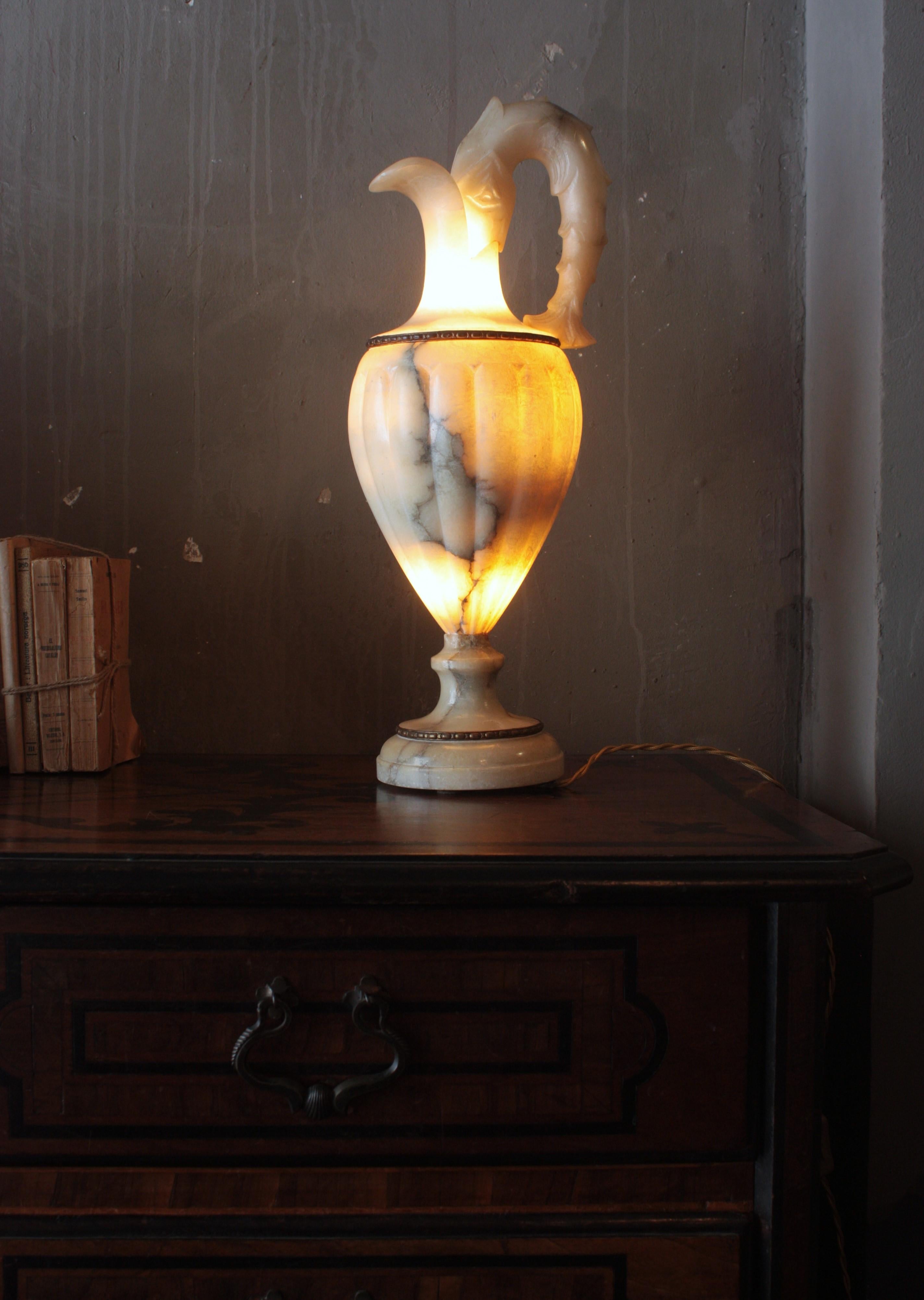 Spanish Albaster Large Urn Jar Table Lamp, 1940 For Sale 8