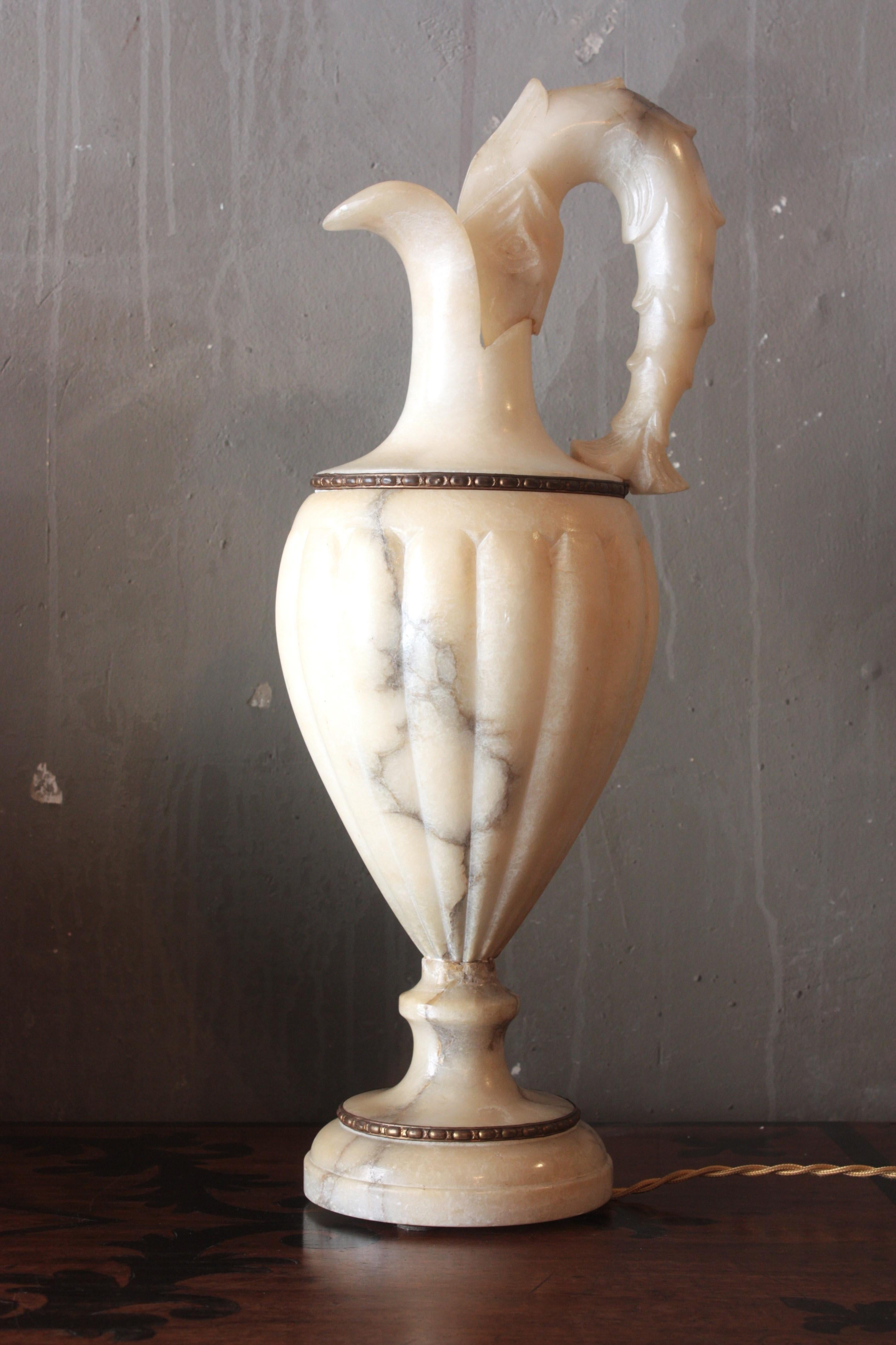Hand-Carved Spanish Albaster Large Urn Jar Table Lamp, 1940 For Sale