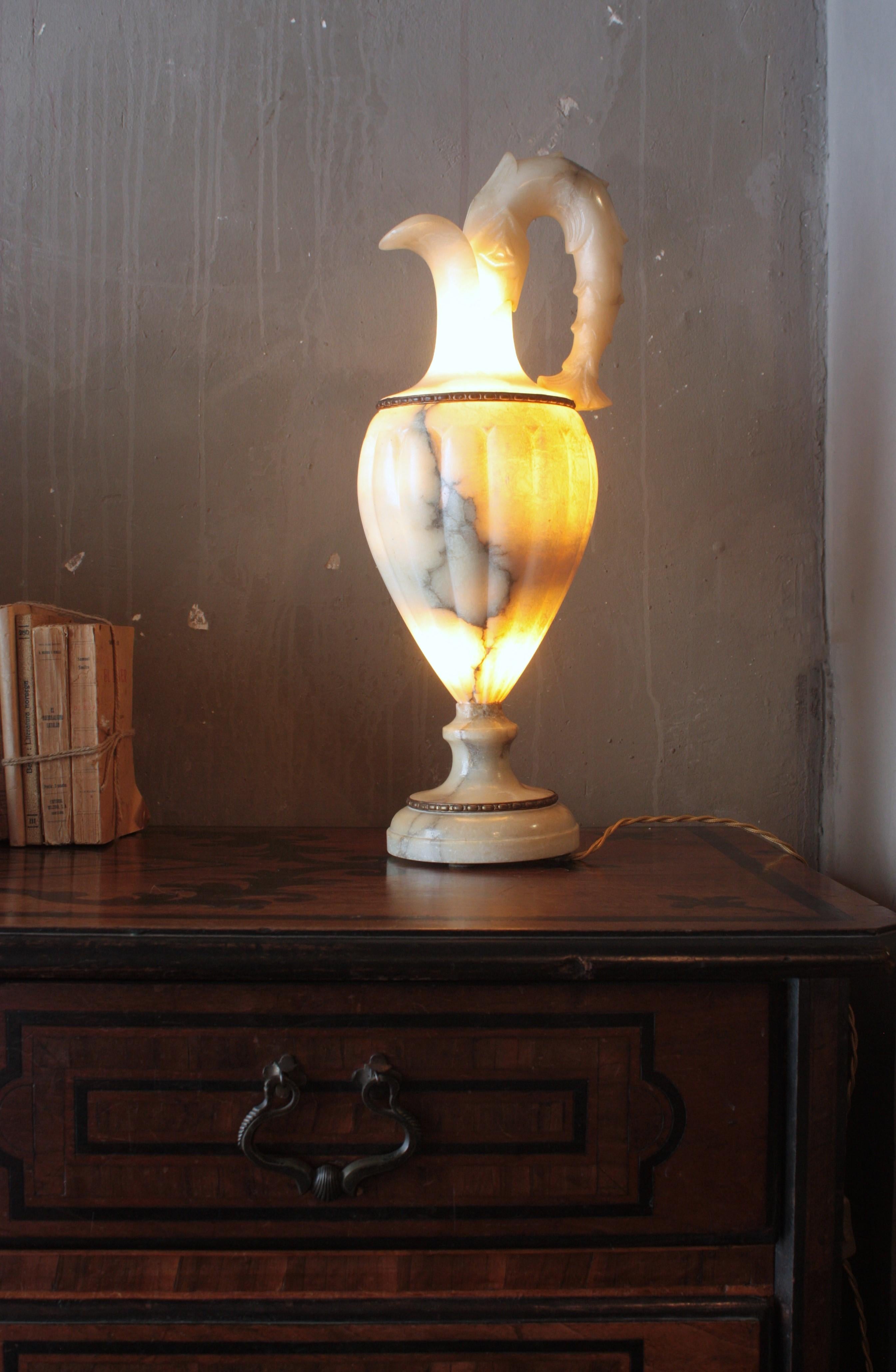 20th Century Spanish Albaster Large Urn Jar Table Lamp, 1940 For Sale