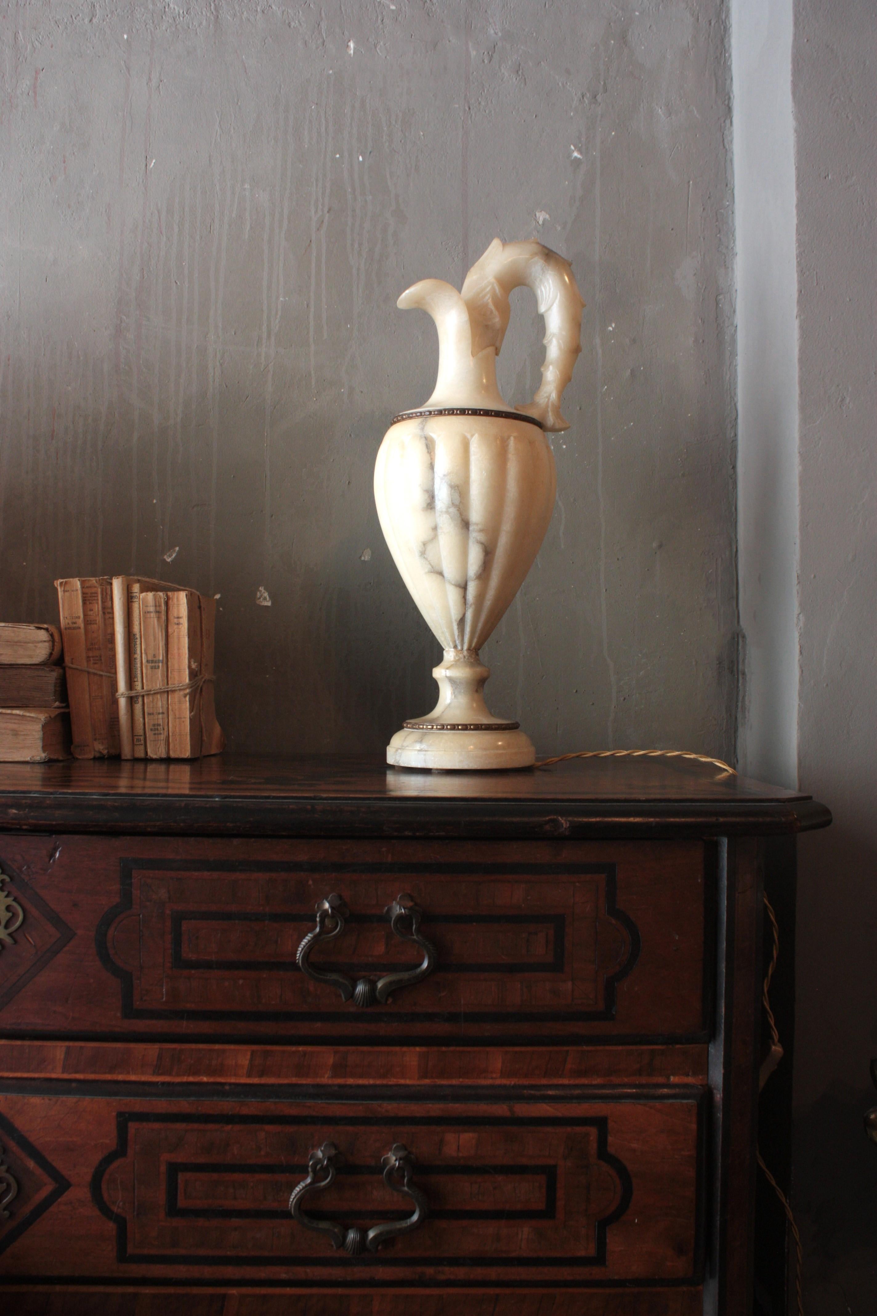 Brass Spanish Albaster Large Urn Jar Table Lamp, 1940 For Sale