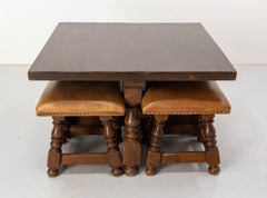 Spanish Alder Coffee Table with Four Alder & Leather Stools, 1960