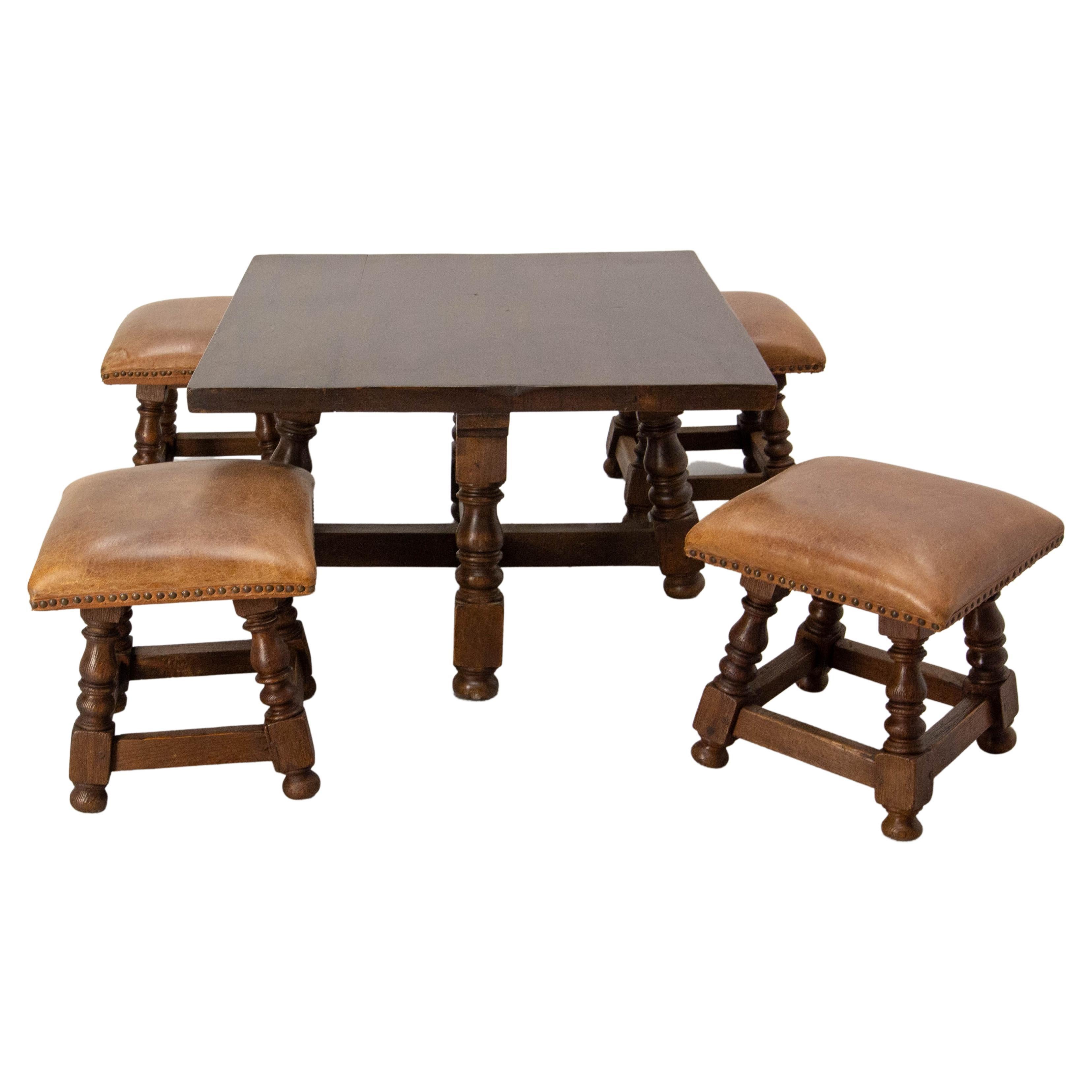 Spanish Alder Coffee Table with Four Alder & Leather Stools, 1960 For Sale