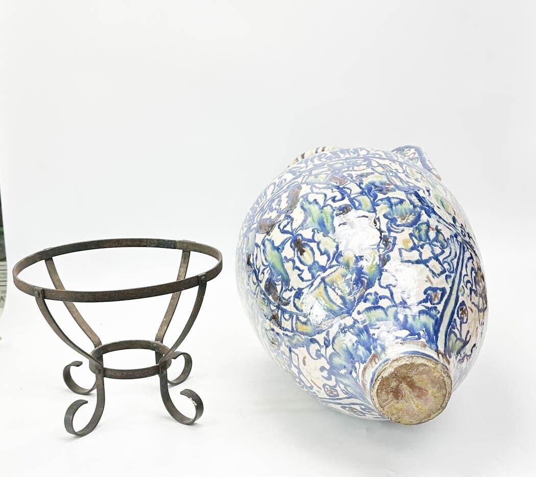  Spanish Alhambra Twin Handled Hispano-Moresque Glazed Pottery Vase Iron Stand For Sale 3