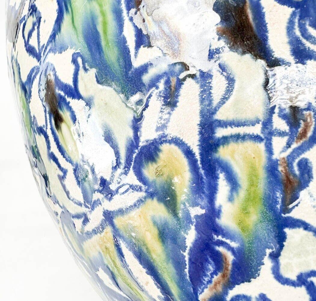  Spanish Alhambra Twin Handled Hispano-Moresque Glazed Pottery Vase Iron Stand For Sale 4