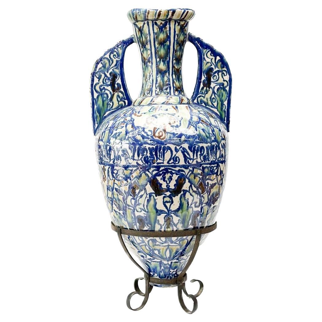  Spanish Alhambra Twin Handled Hispano-Moresque Glazed Pottery Vase Iron Stand For Sale