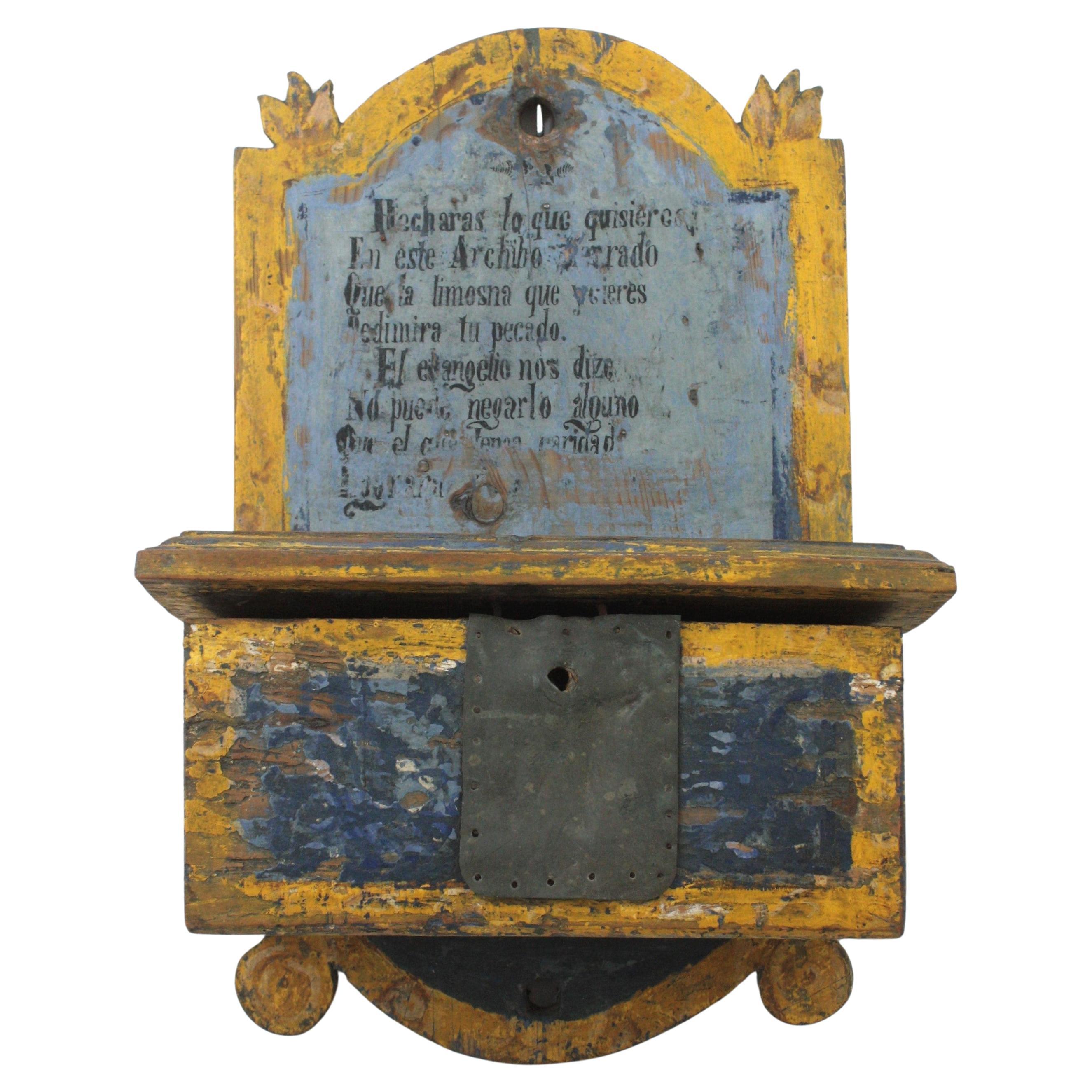 Cassetta delle elemosine spagnola / Decorazione da parete in patina blu e gialla, 18° secolo in vendita