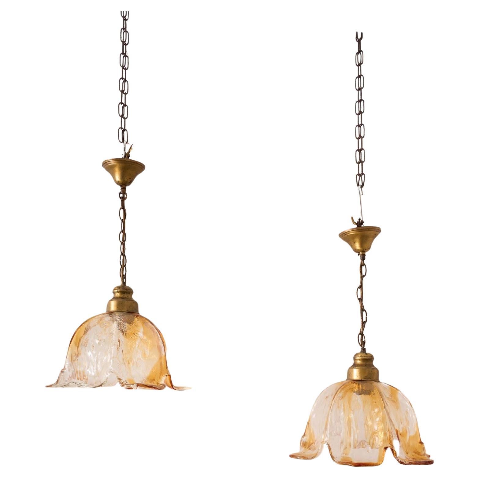 Spanish Amber glass tulip pendant lights - 10 available For Sale