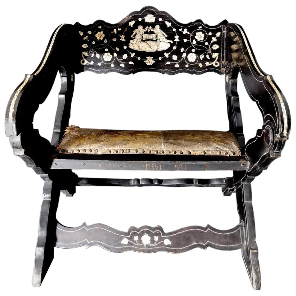 Spanish Ancient Ebony Chair with Cordova Leather For Sale