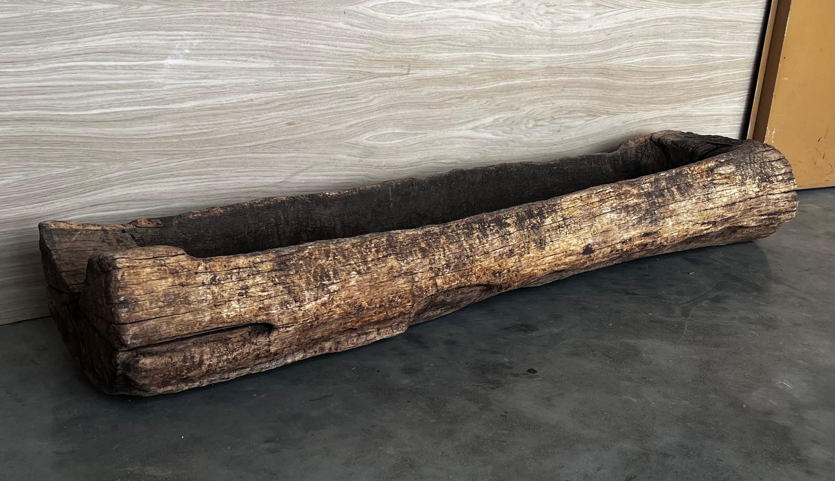 Spanisches antikes und brutalistisches spanisches Pflanzgefäß aus Holz mit Hollowed-Out-Baumtruhen, 1700 im Zustand „Gut“ im Angebot in Miami, FL