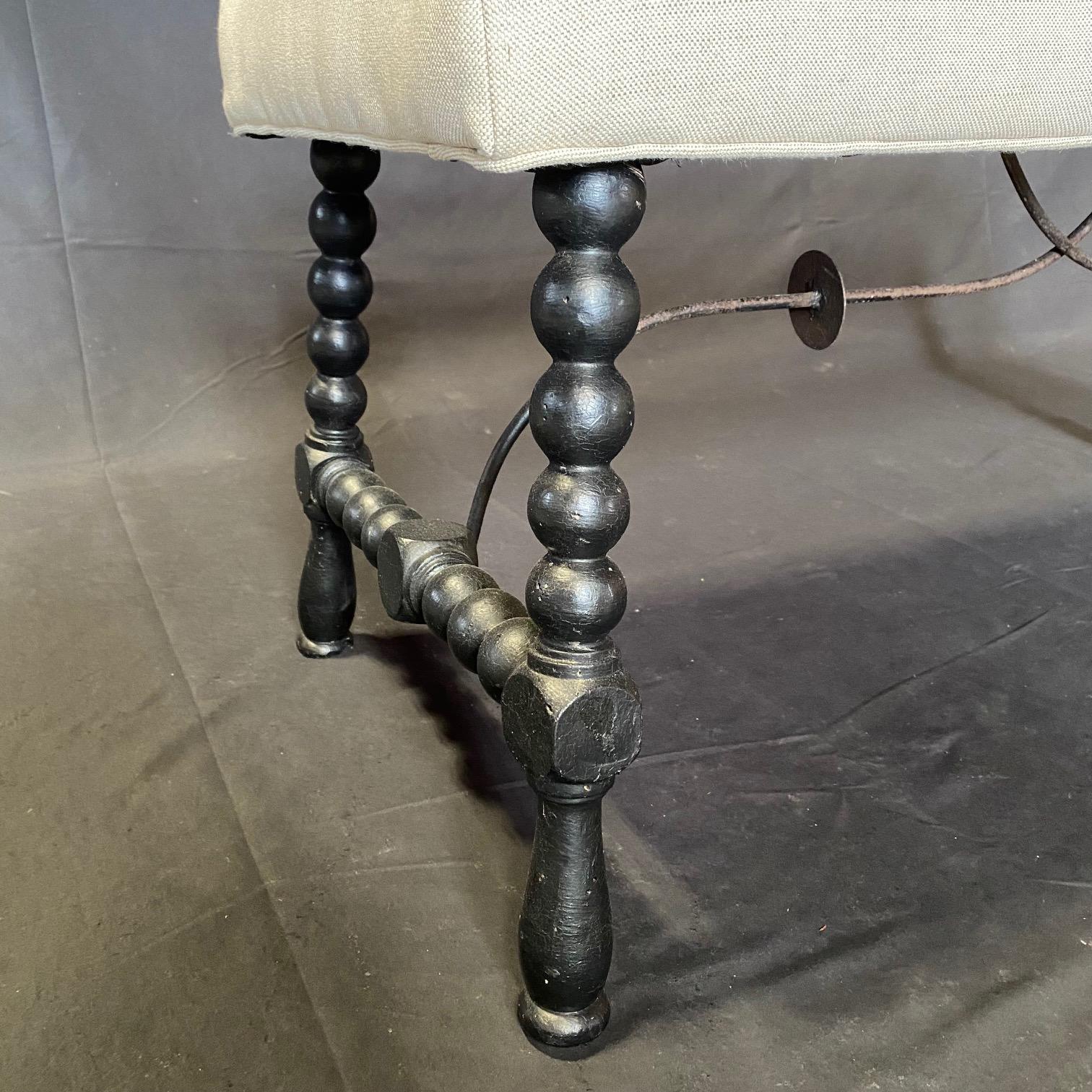 Spanish Colonial Spanish Antique Ebony Barley Twist Bench Ottoman with Wrought Iron Stretchers For Sale