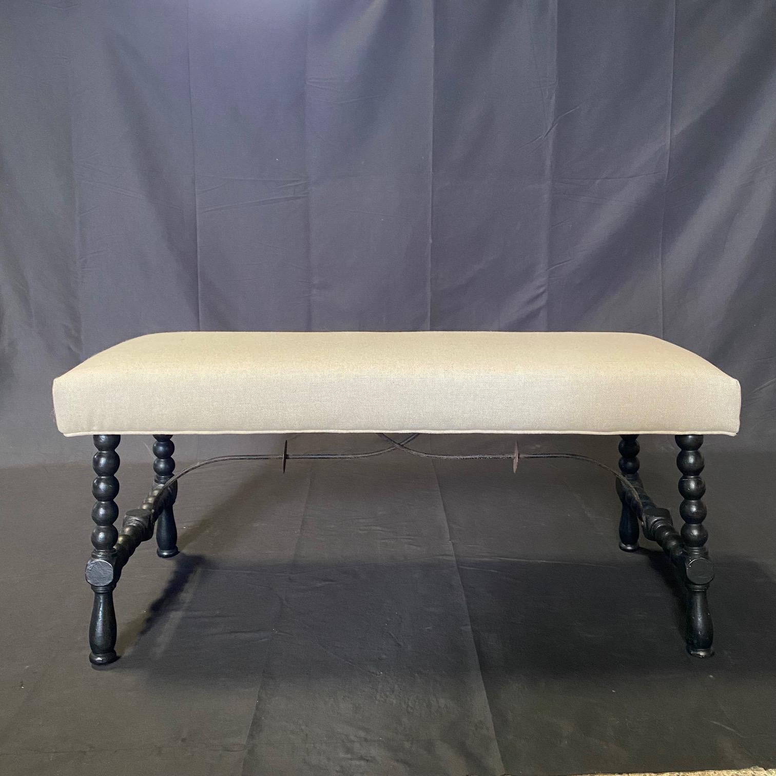 Spanish Antique Ebony Barley Twist Bench Ottoman with Wrought Iron Stretchers For Sale 2