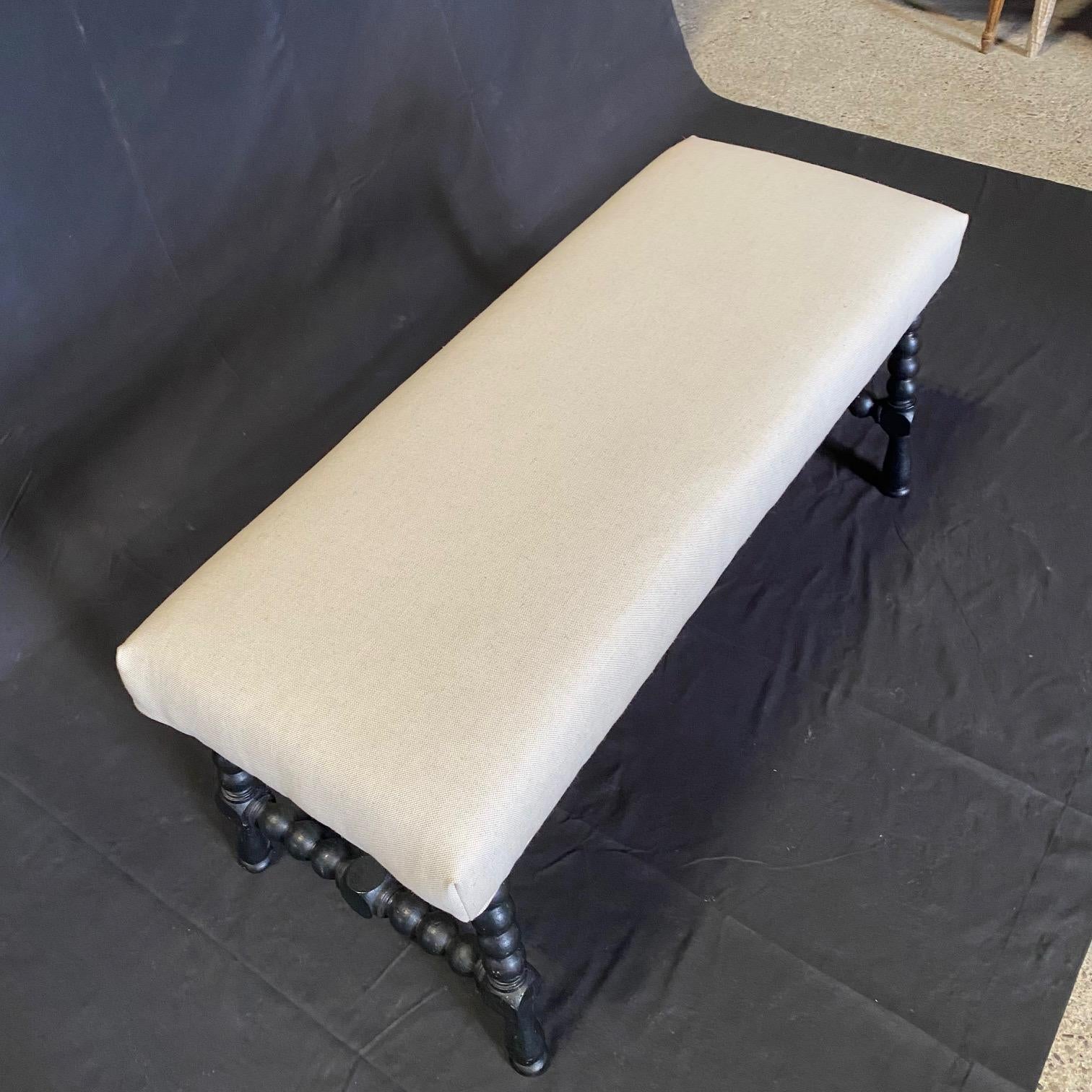 Spanish Antique Ebony Barley Twist Bench Ottoman with Wrought Iron Stretchers For Sale 3