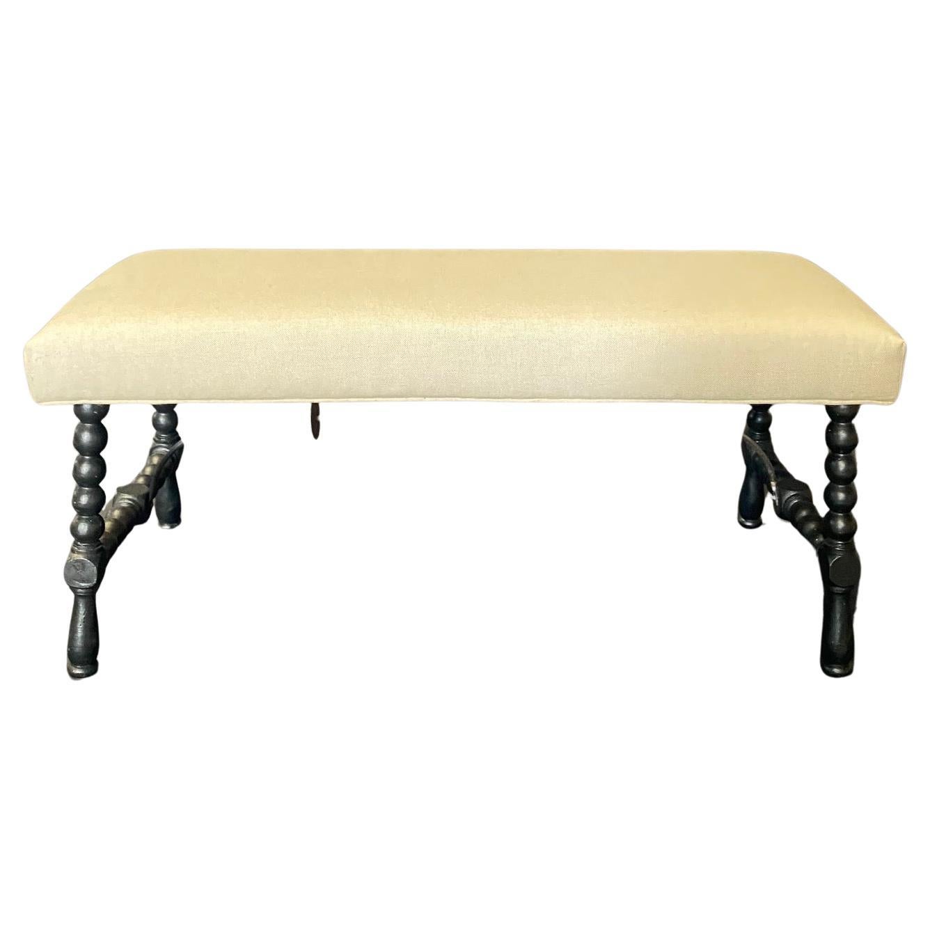 Spanish Antique Ebony Barley Twist Bench Ottoman with Wrought Iron Stretchers For Sale
