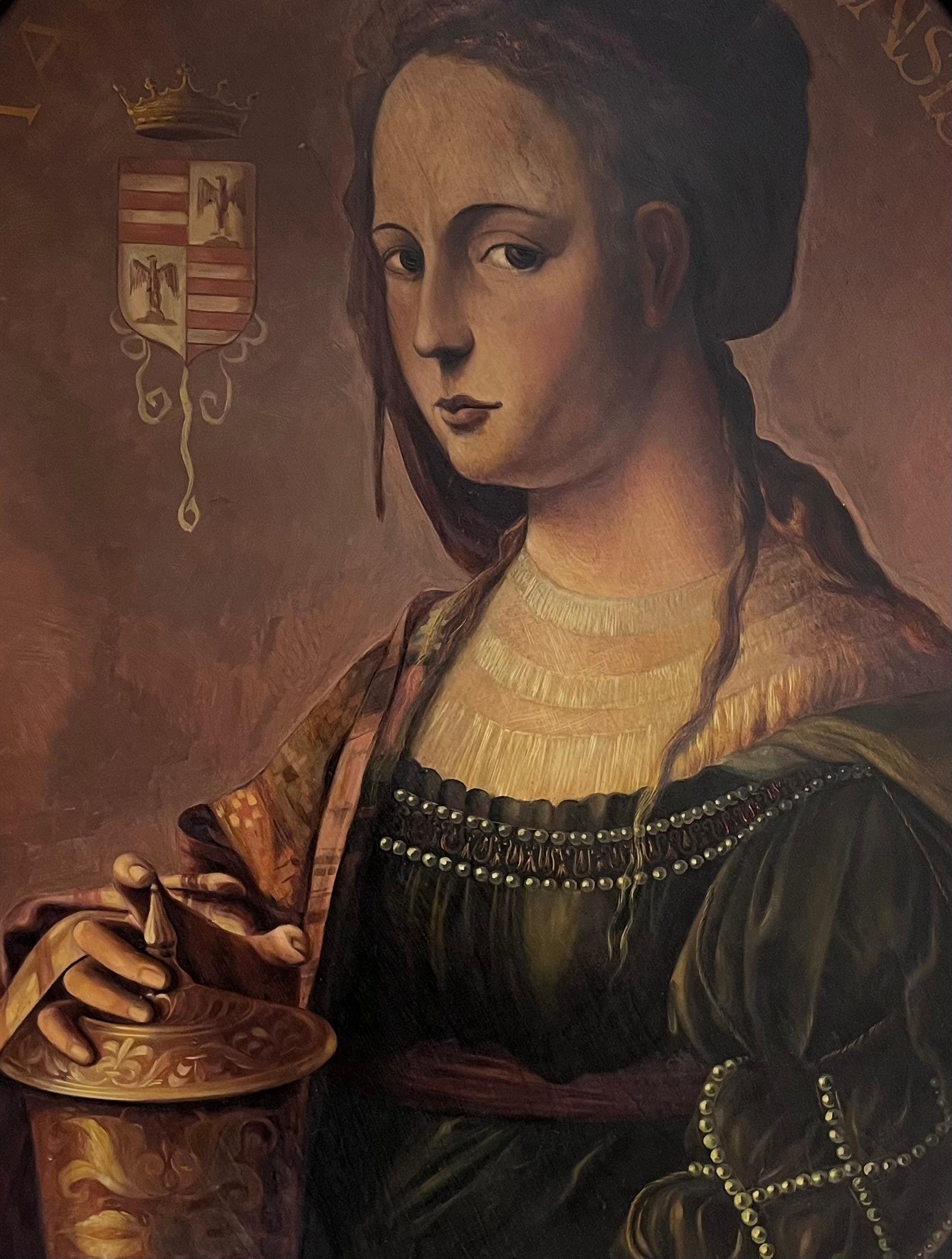 Immense peinture à l'huile ancienne Portrait ovale de Marie-Madeleine tenant un pot d'onguent - Painting de Spanish Antique