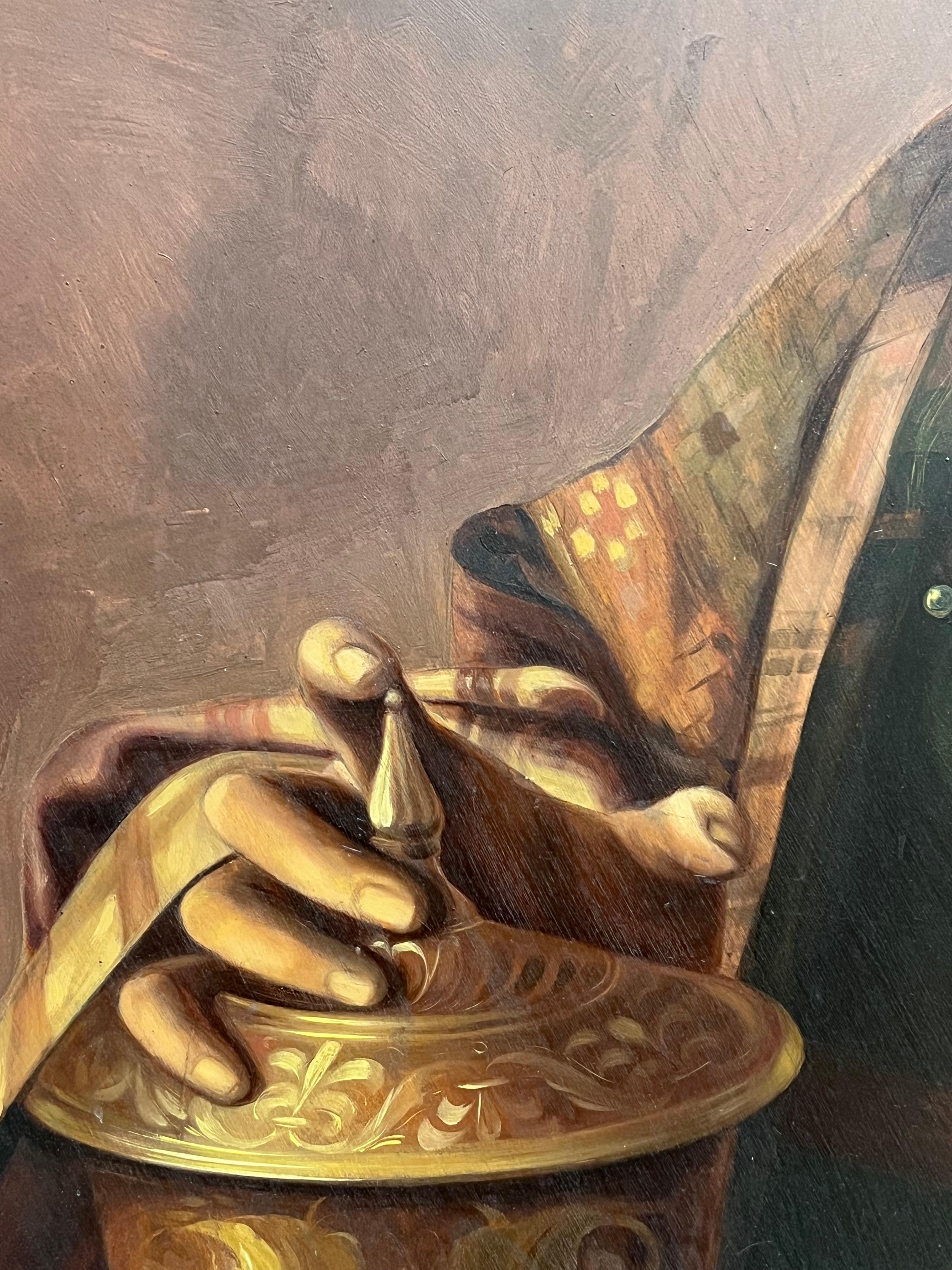 Portrait de Marie-Madeleine avec un pot d'onguent
École espagnole, début du 20e siècle
d'après la peinture antérieure de Jan van Scorel datant du 16e siècle 
huile sur panneau, encadrée
encadré : 44 x 34 pouces
panneau : 42 x 30 pouces
inscrit au