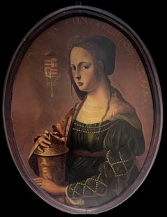 Huge Antique Oil Painting Oval Portrait of Mary Magdalene Holding Ointment Jar