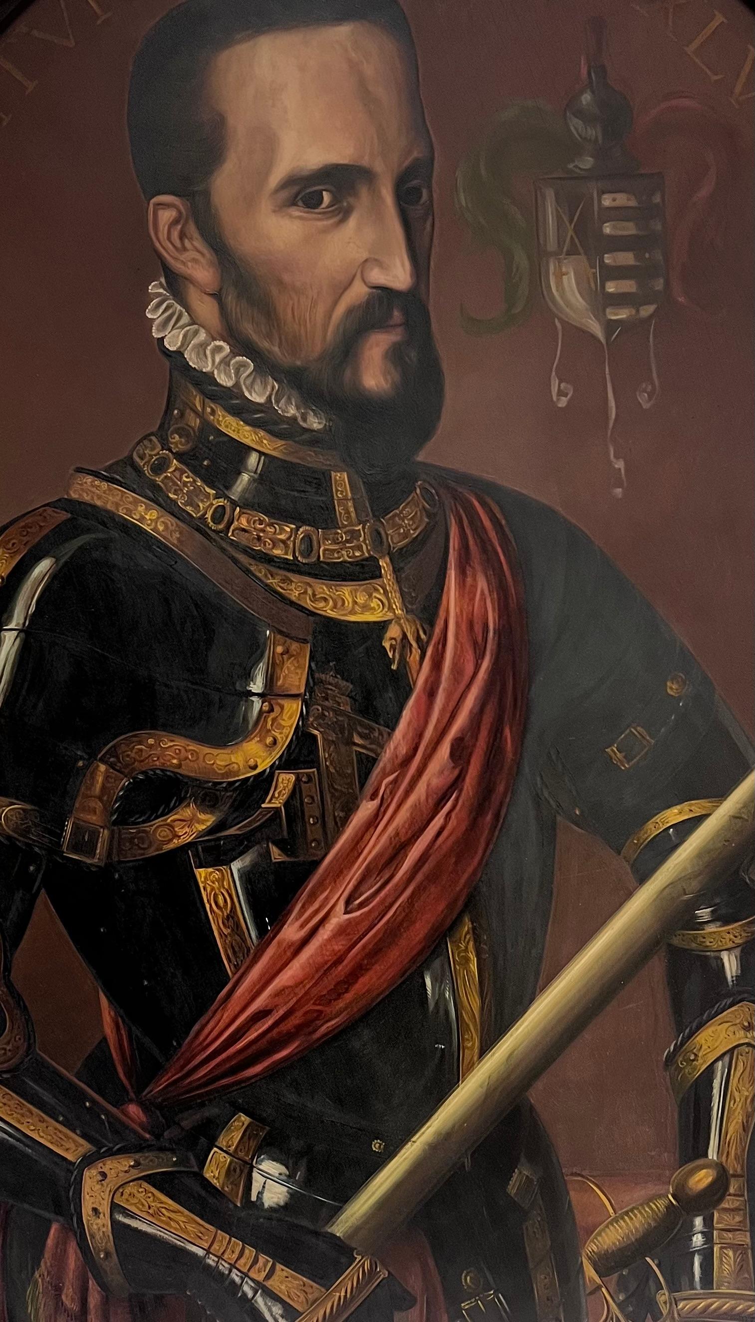 Spanische Schule, Anfang des 20. Jahrhunderts 
Porträt von Fernando Álvarez de Toledo, dem 3. Herzog von Alba (1507-1582). 
nach dem Gemälde von Anthonis Mors aus dem 16.
Öl auf Platte, gerahmt
Gerahmt: 44 x 34 Zoll
Tafel : 42 x 30 Zoll
verso