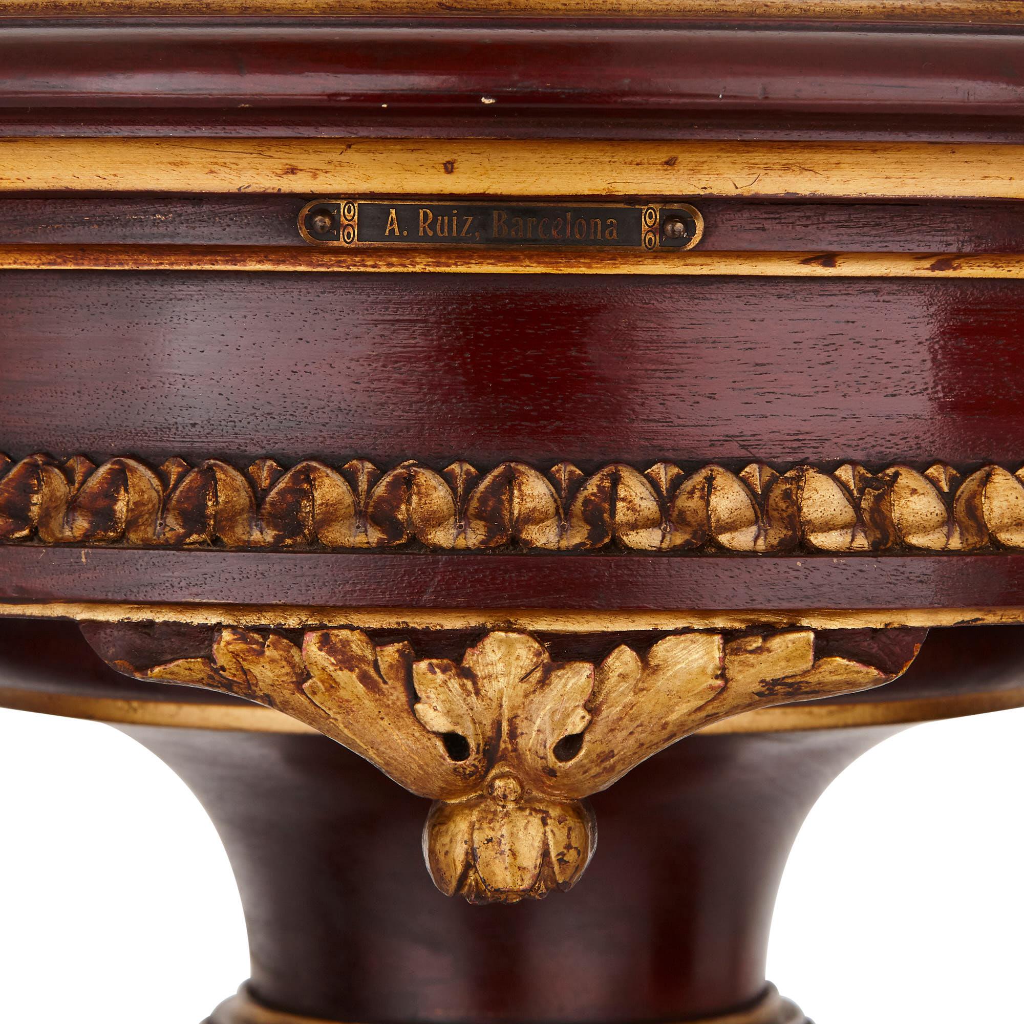 This beautiful pedestal was created by the prestigious Antonio Ruiz Valiente furniture company. The firm was active in the late 19th century, located in Barcelona on via Sepulveda 205. The item is mounted on its frieze with the name plaque, ‘A.