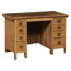 Spanish Used Small Wooden Desk w/Unique Carved "Trunk" Appearance from Front