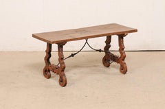 Spanish Antique Wooden Coffee Table w/ Carved Lyre-Legs and Nice Iron Stretchers