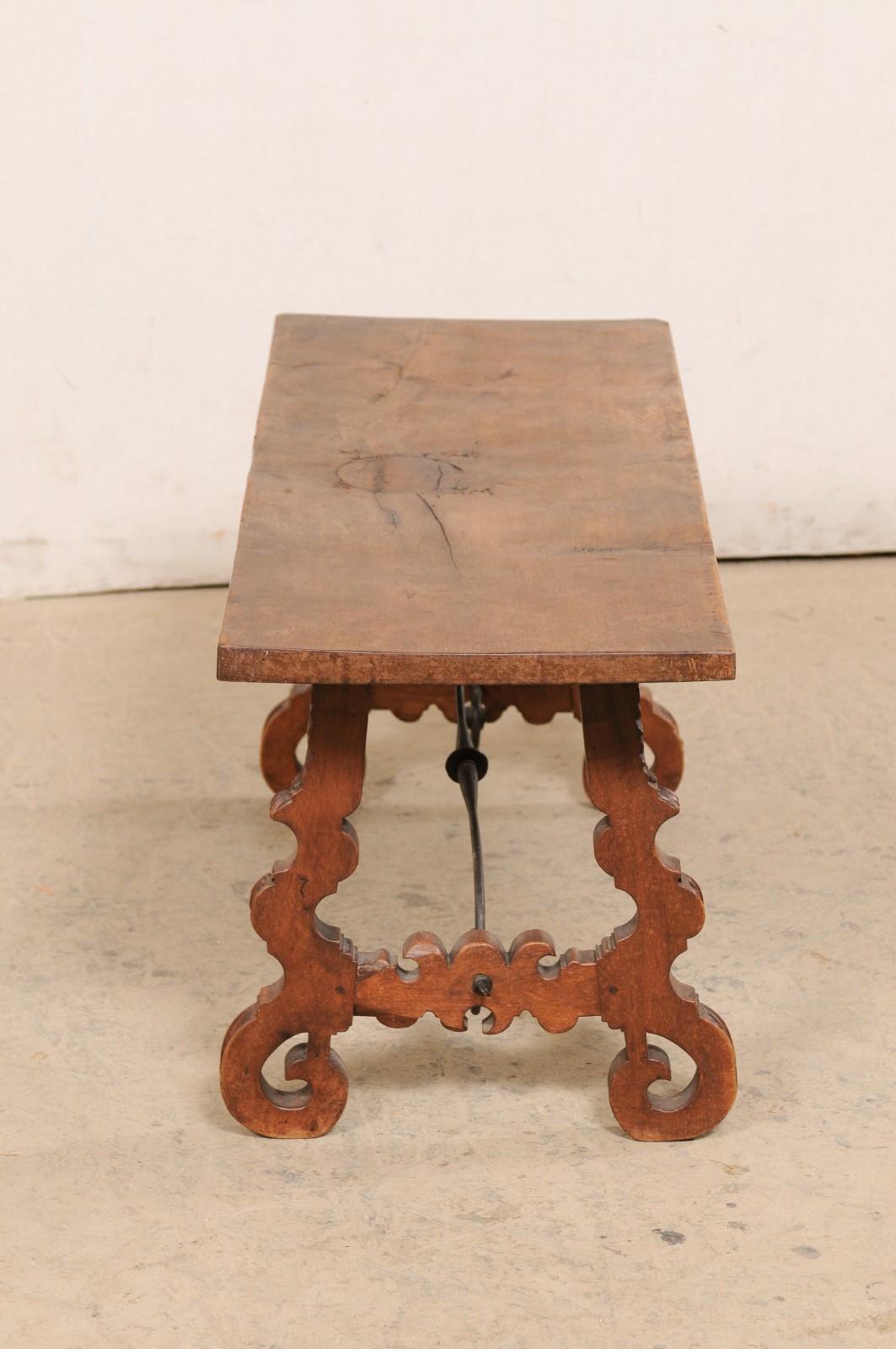 20th Century Spanish Antique Wooden Coffee Table w/ Carved Lyre-Legs and Nice Iron Stretchers For Sale