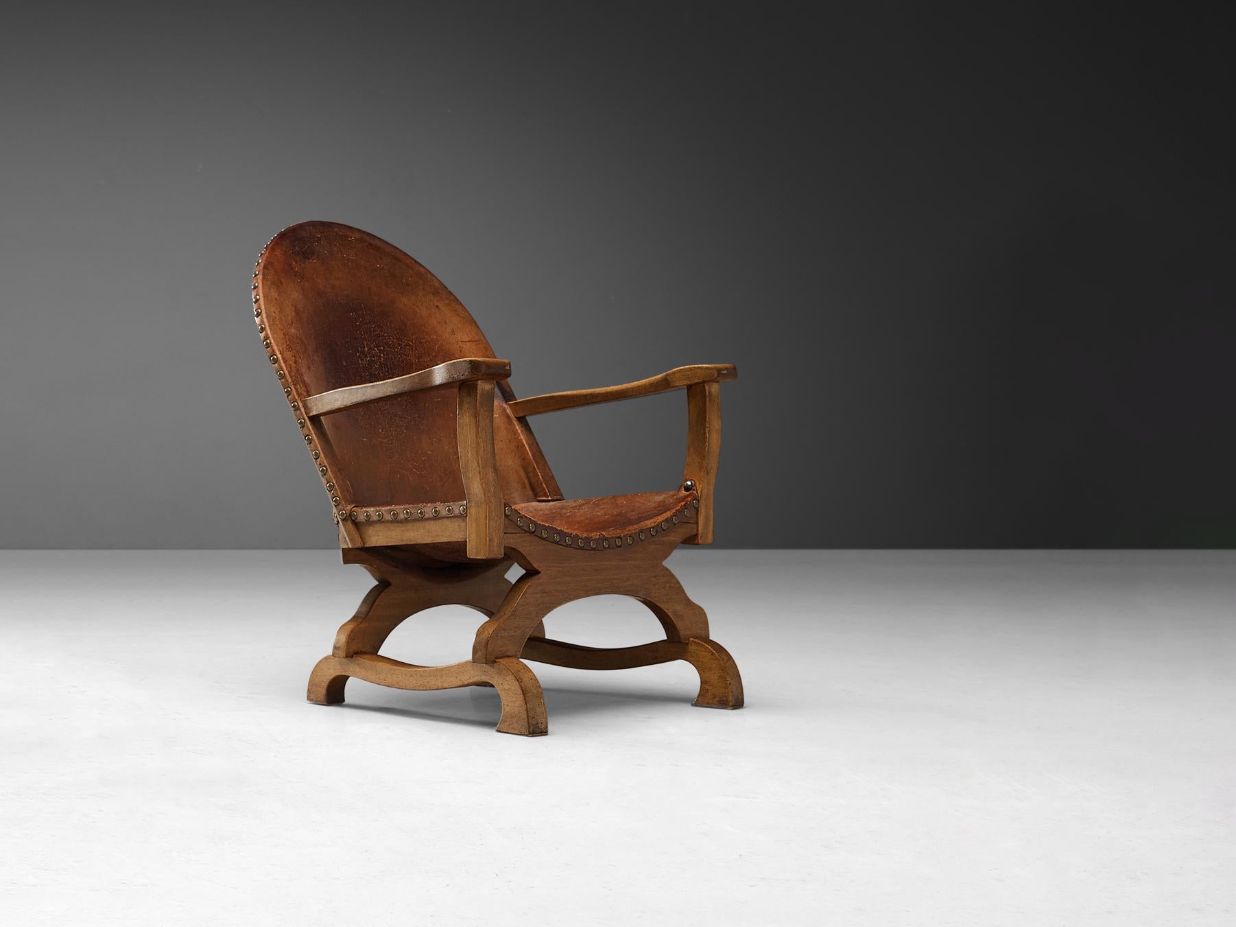 Mid-20th Century Spanish Armchair in Cognac Leather and Oak For Sale