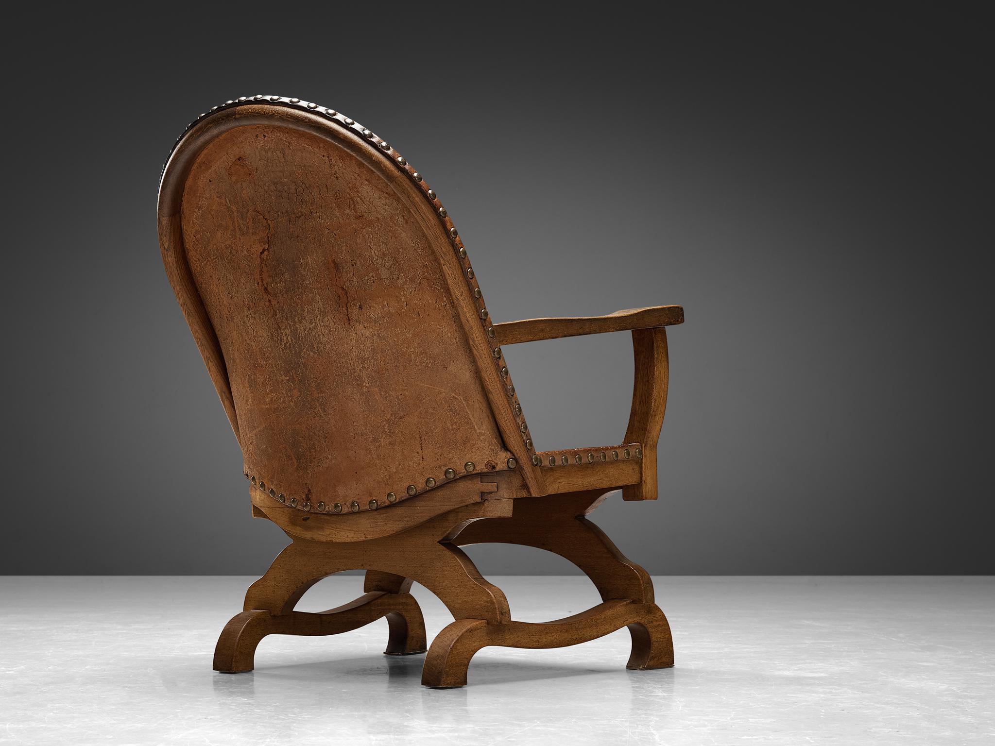 Brass Spanish Armchair in Cognac Leather and Oak For Sale