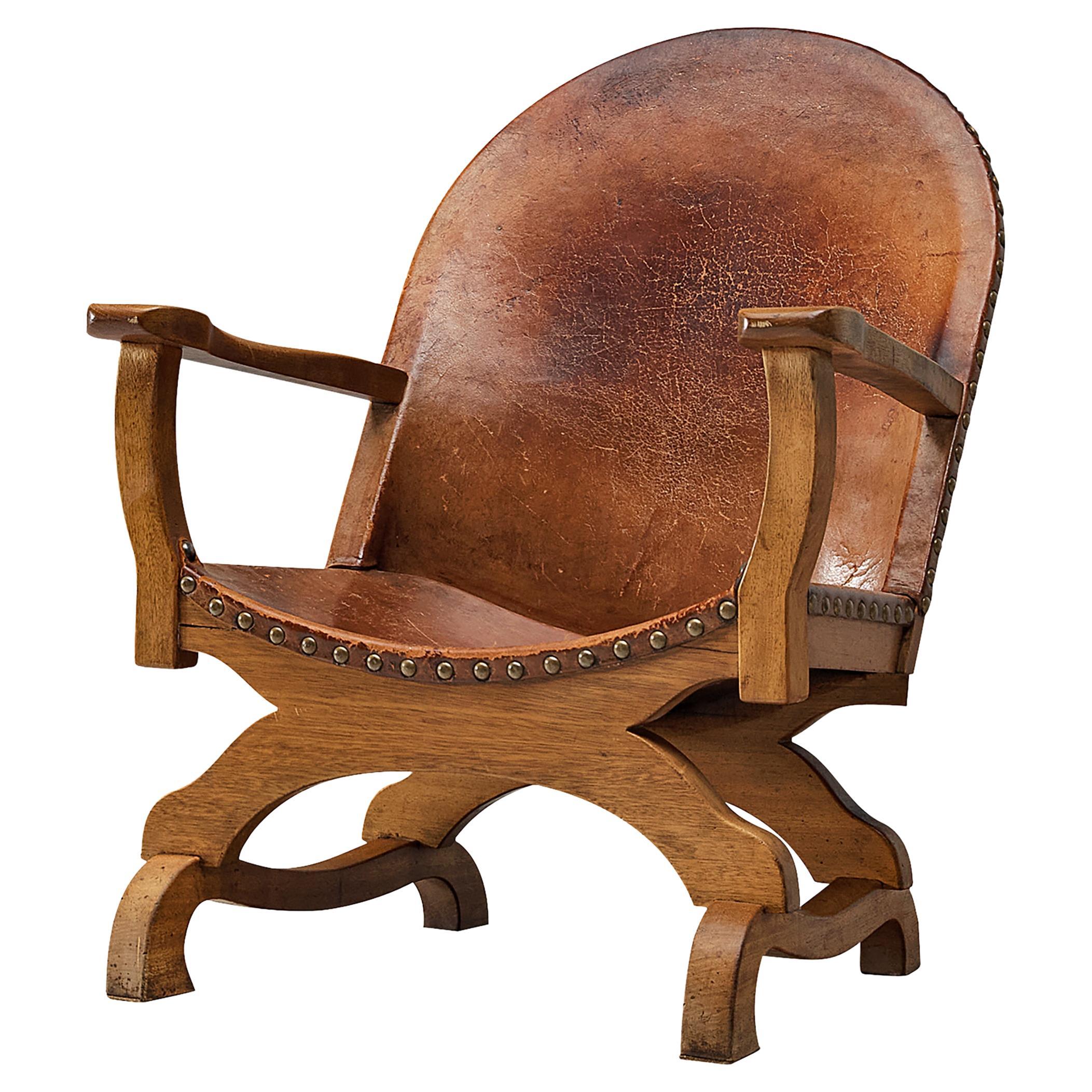 Spanish Armchair in Cognac Leather and Oak For Sale