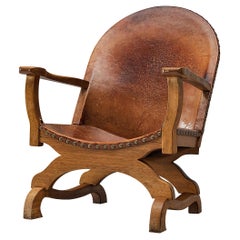 Spanischer Sessel aus cognacfarbenem Leder und Eiche
