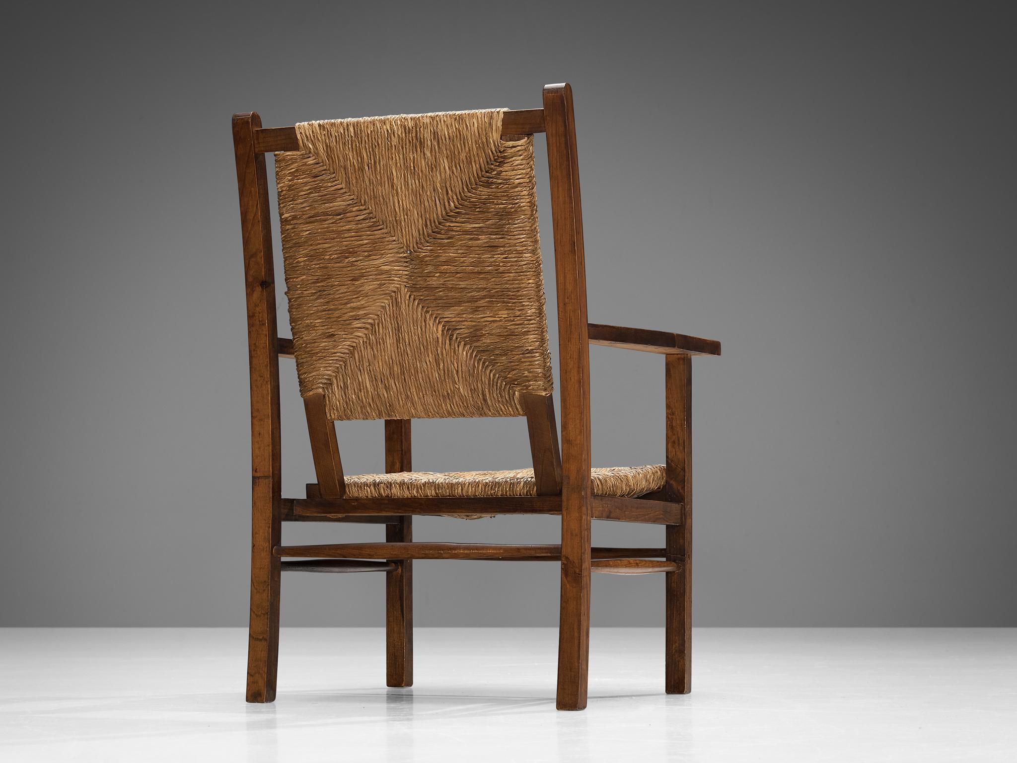 Mid-Century Modern Spanish Armchair in Pine and Woven Straw 