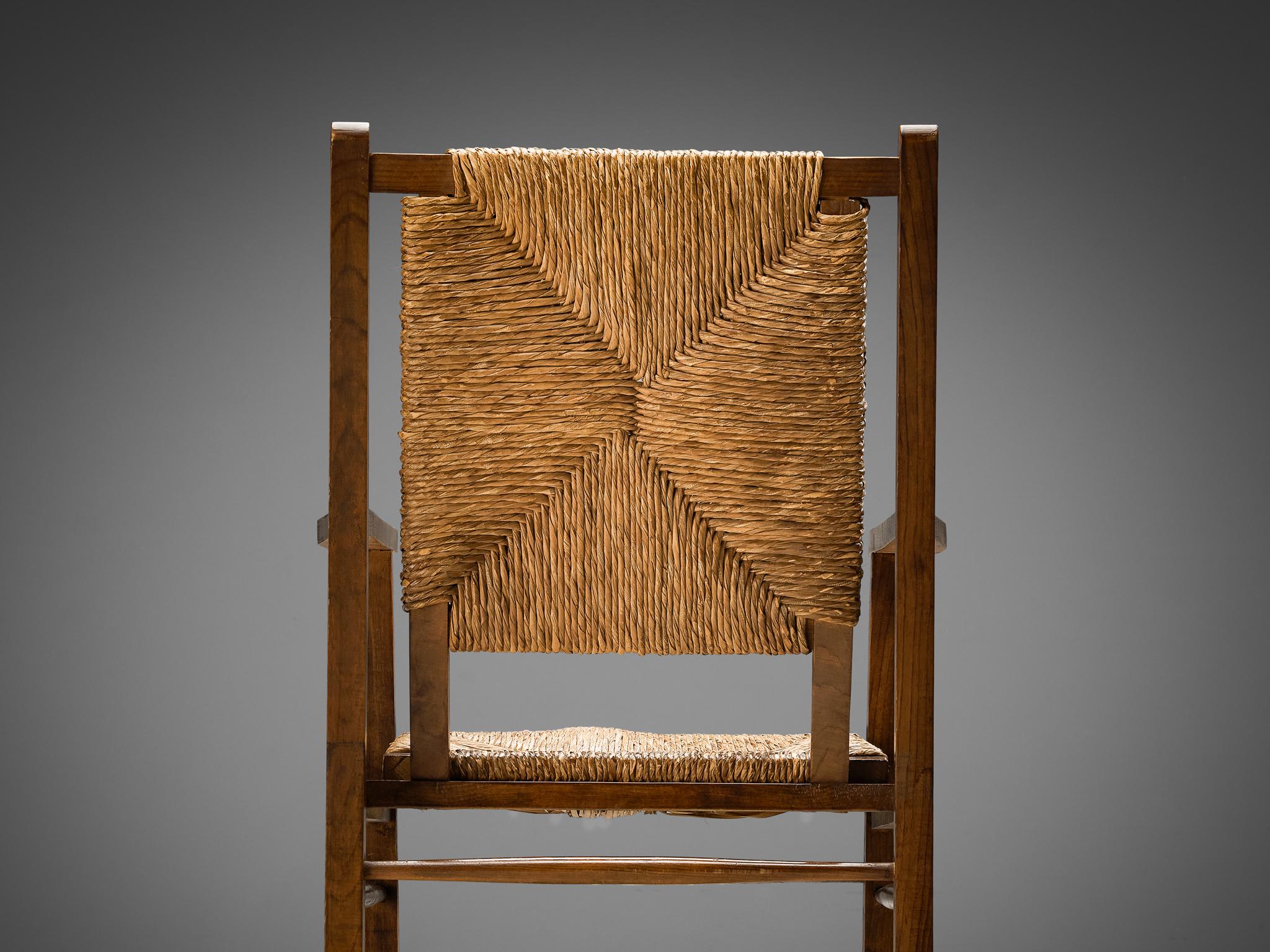Mid-20th Century Spanish Armchair in Pine and Woven Straw 
