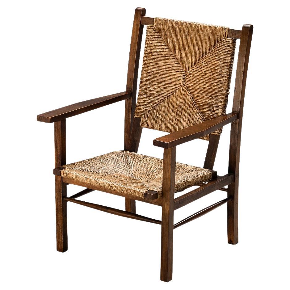 Spanish Armchair in Pine and Woven Straw  For Sale