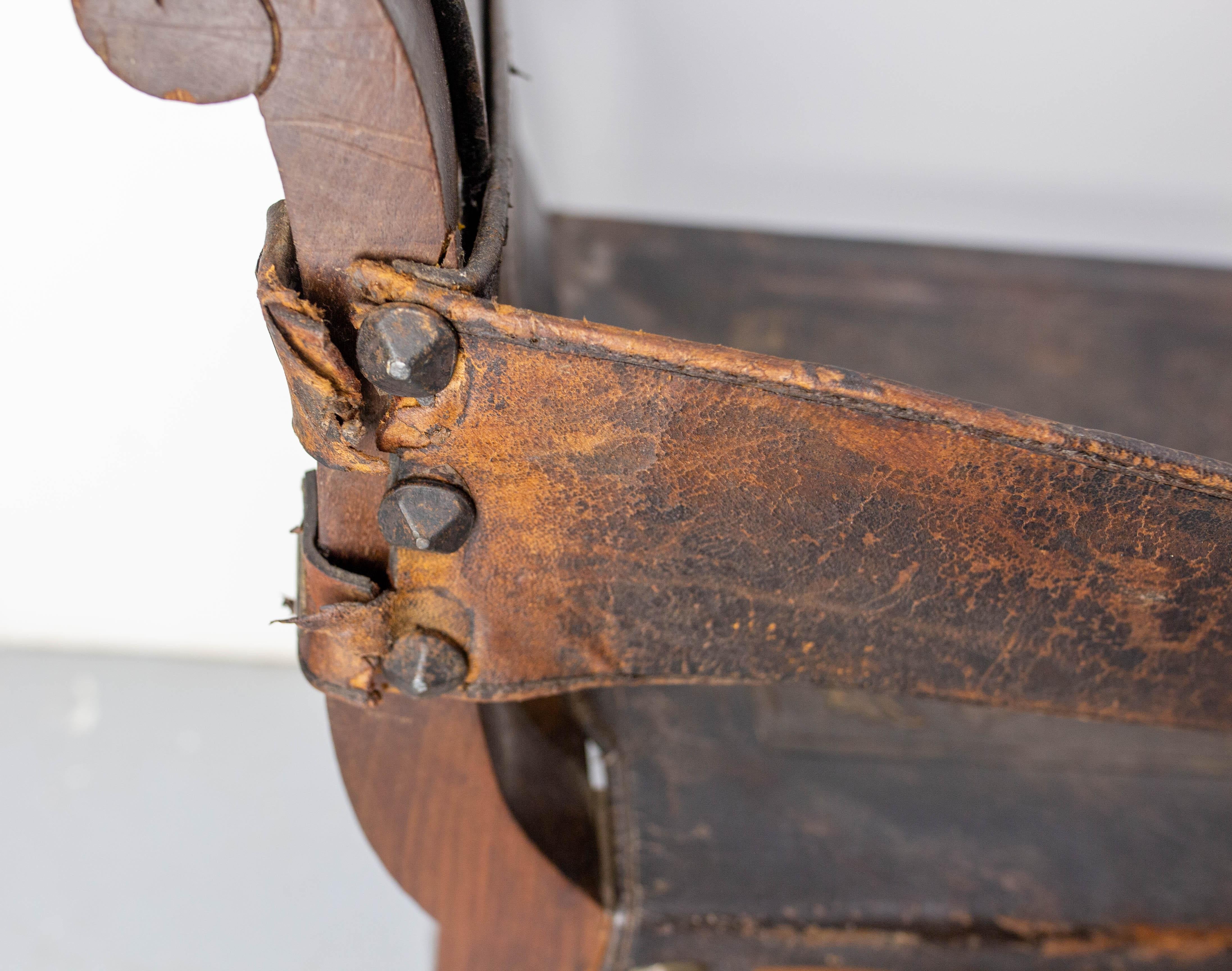 Spanish Armchair in the Curule Style Cordovan Leather & Wood, Midcentury 19th For Sale 10