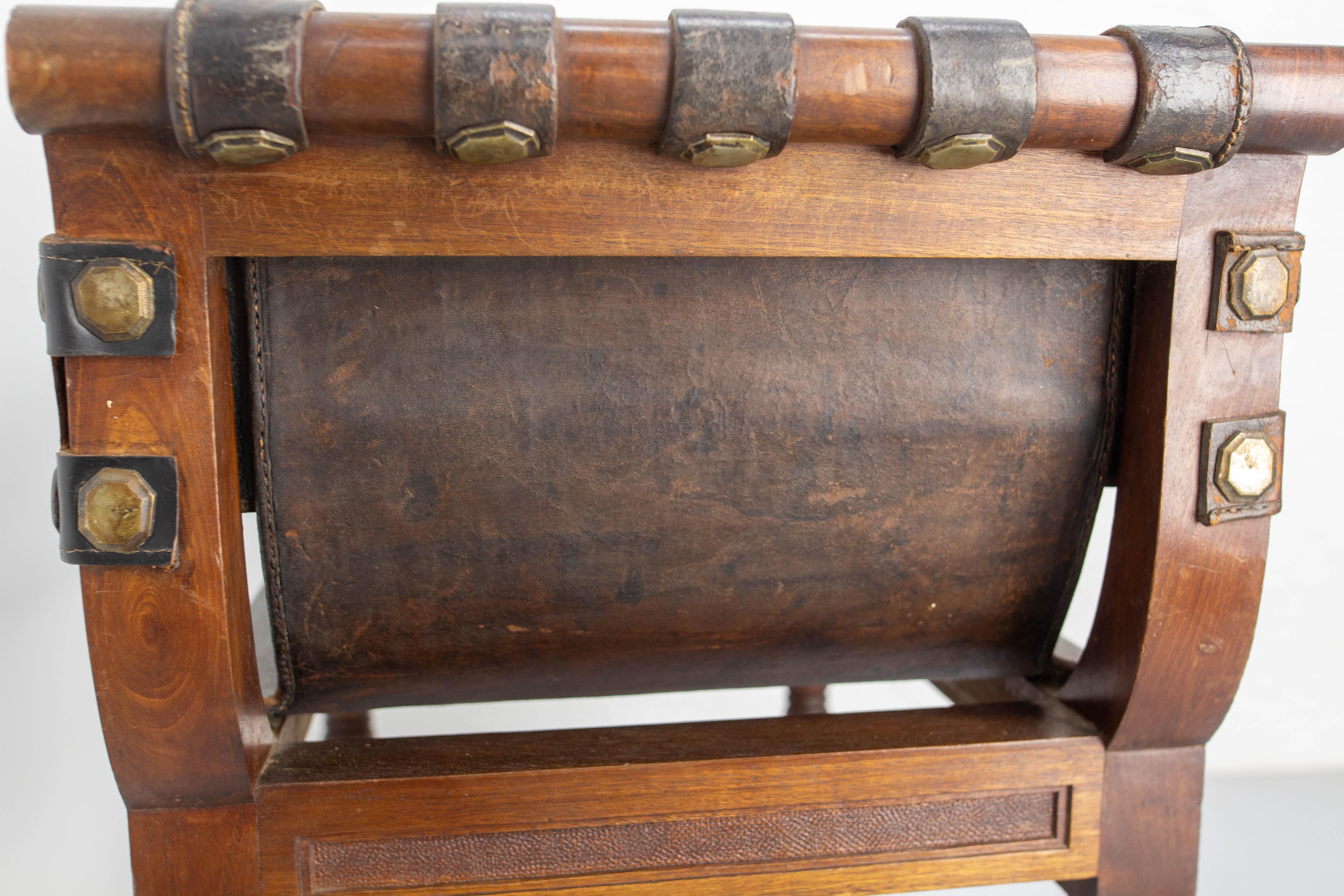 19th Century Spanish Armchair in the Curule Style Cordovan Leather & Wood, Midcentury 19th For Sale