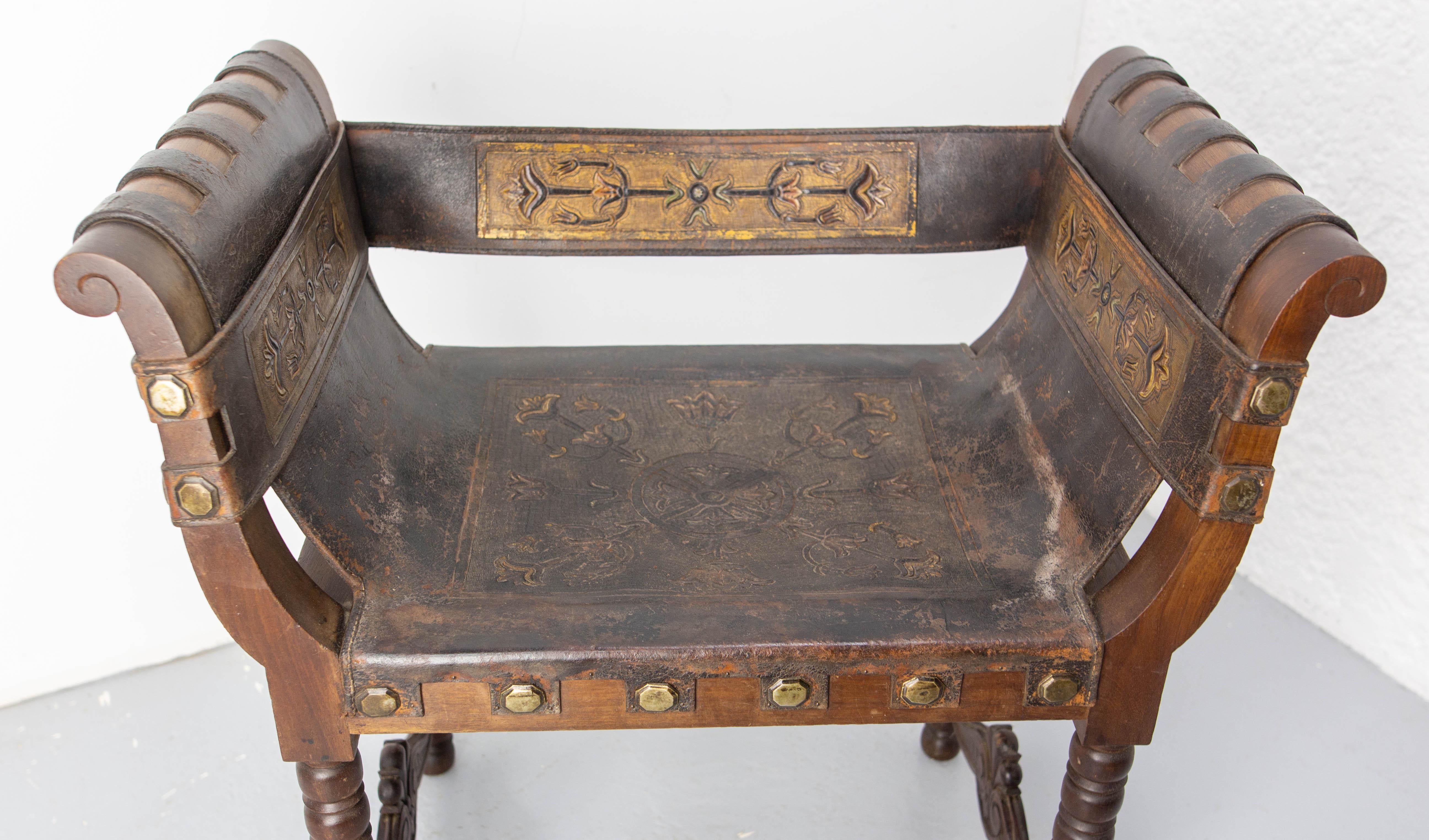 Spanish Armchair in the Curule Style Cordovan Leather & Wood, Midcentury 19th For Sale 1