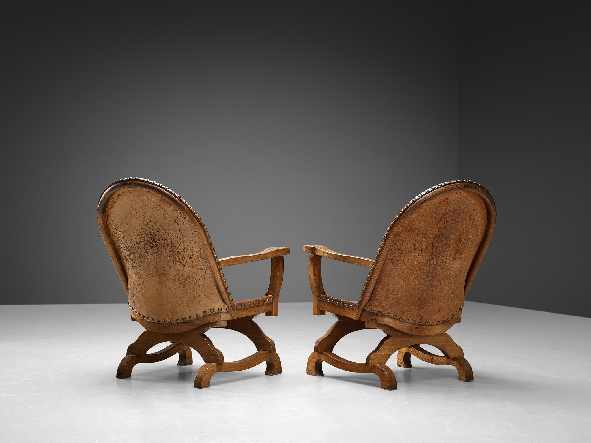 Mid-20th Century Spanish Armchairs in Cognac Leather and Oak
