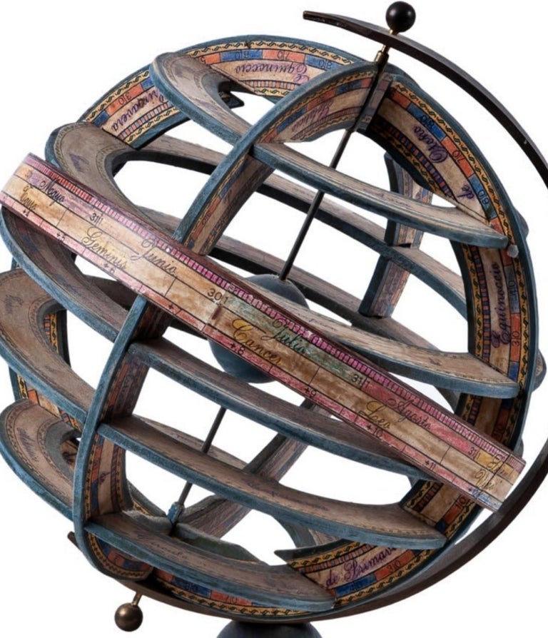 Modern Spanish Armillary Sphere of Polychrome Wood, Paper and Iron, Early 20th Century