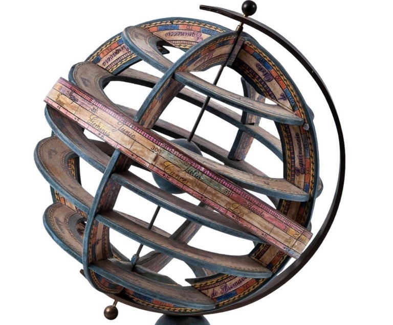 Hand-Crafted Spanish Armillary Sphere of Polychrome Wood, Paper and Iron, Early 20th Century
