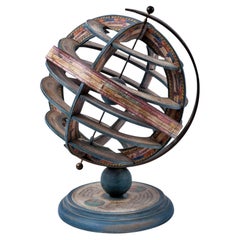 Vintage Spanish Armillary Sphere of Polychrome Wood, Paper and Iron, Early 20th Century