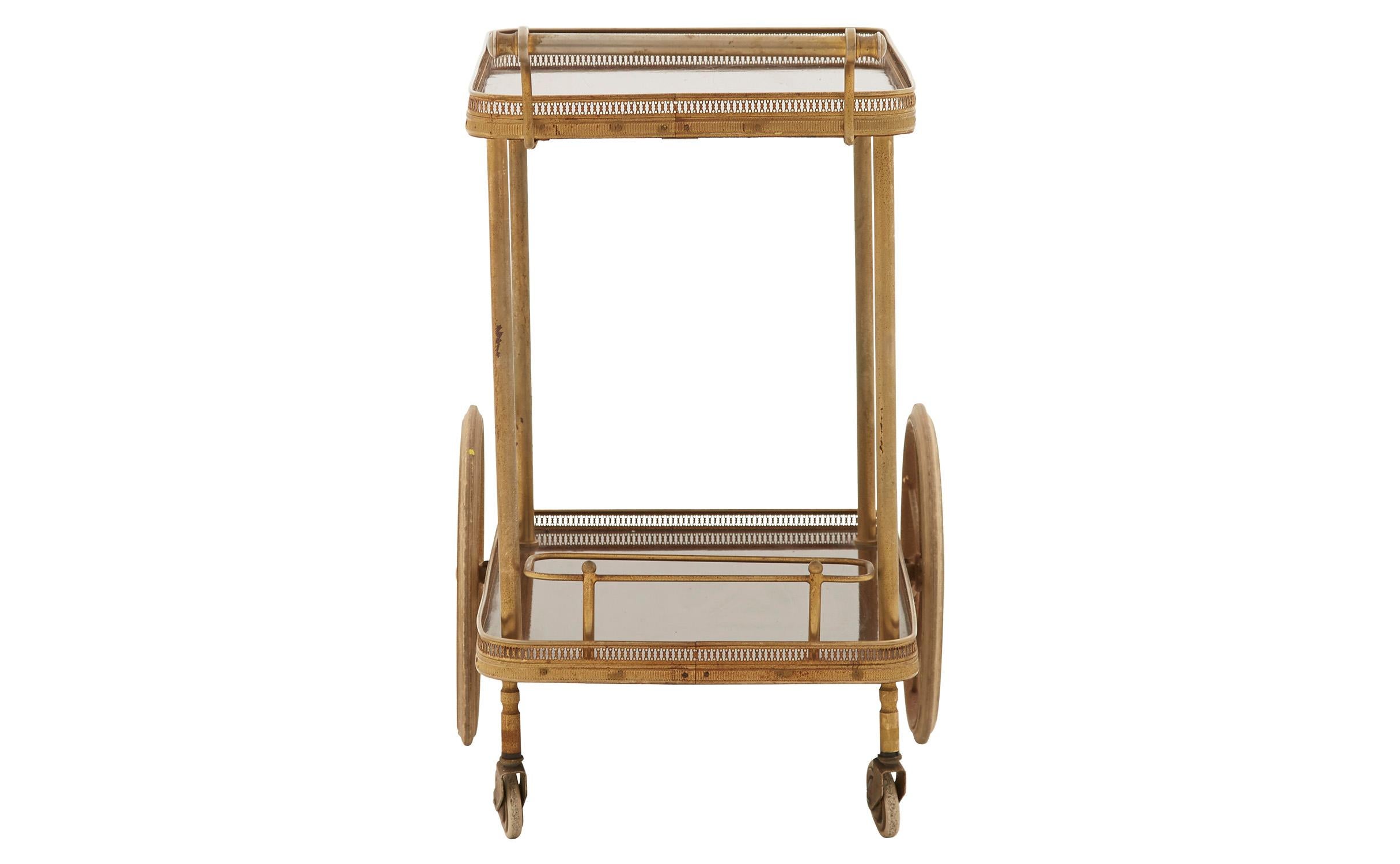 Spanish Art Deco Brass and Wood Bar Cart In Good Condition In Chicago, IL