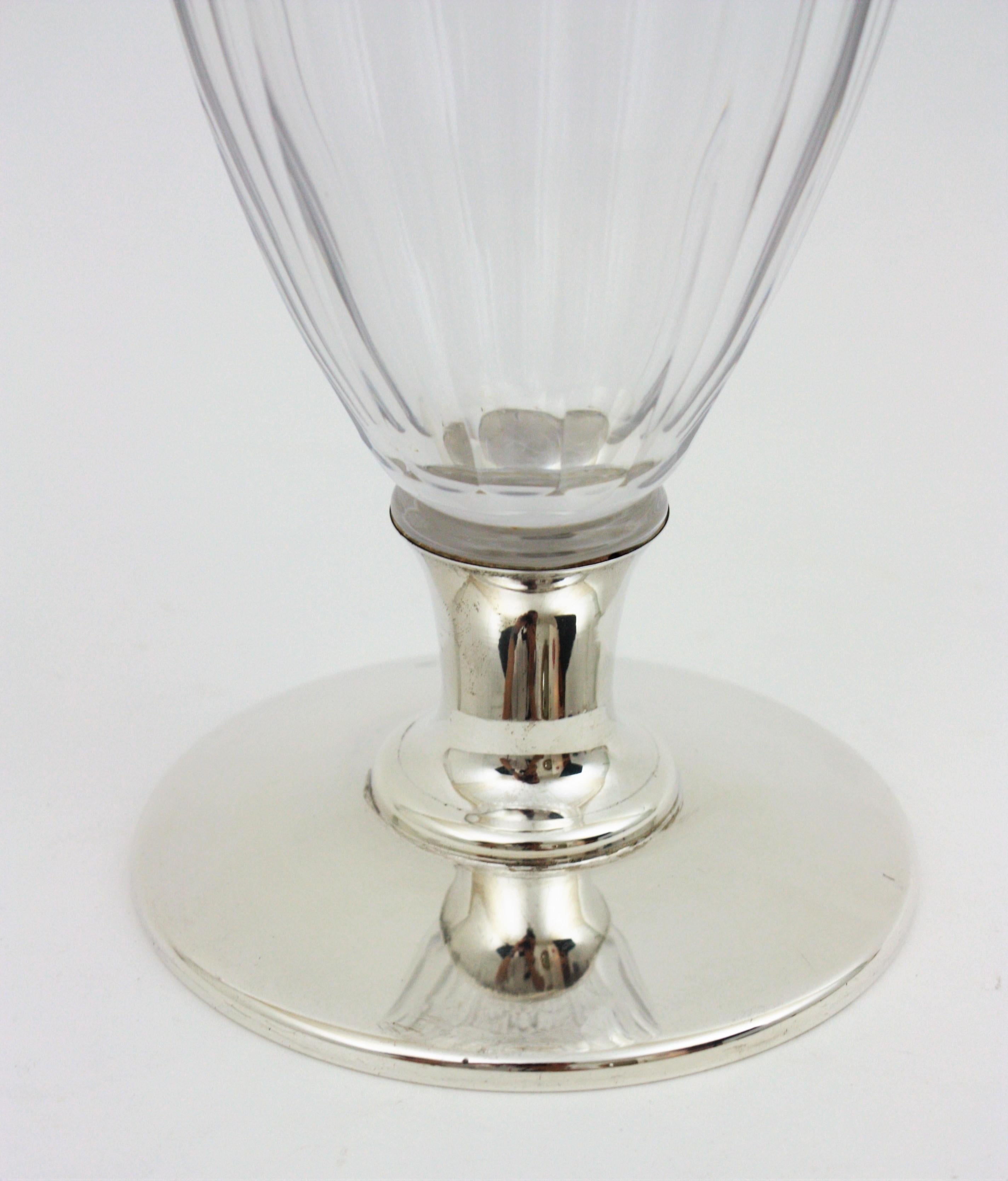 Faceted Spanish Art Deco Cut Crystal and Silver Urn Vase For Sale