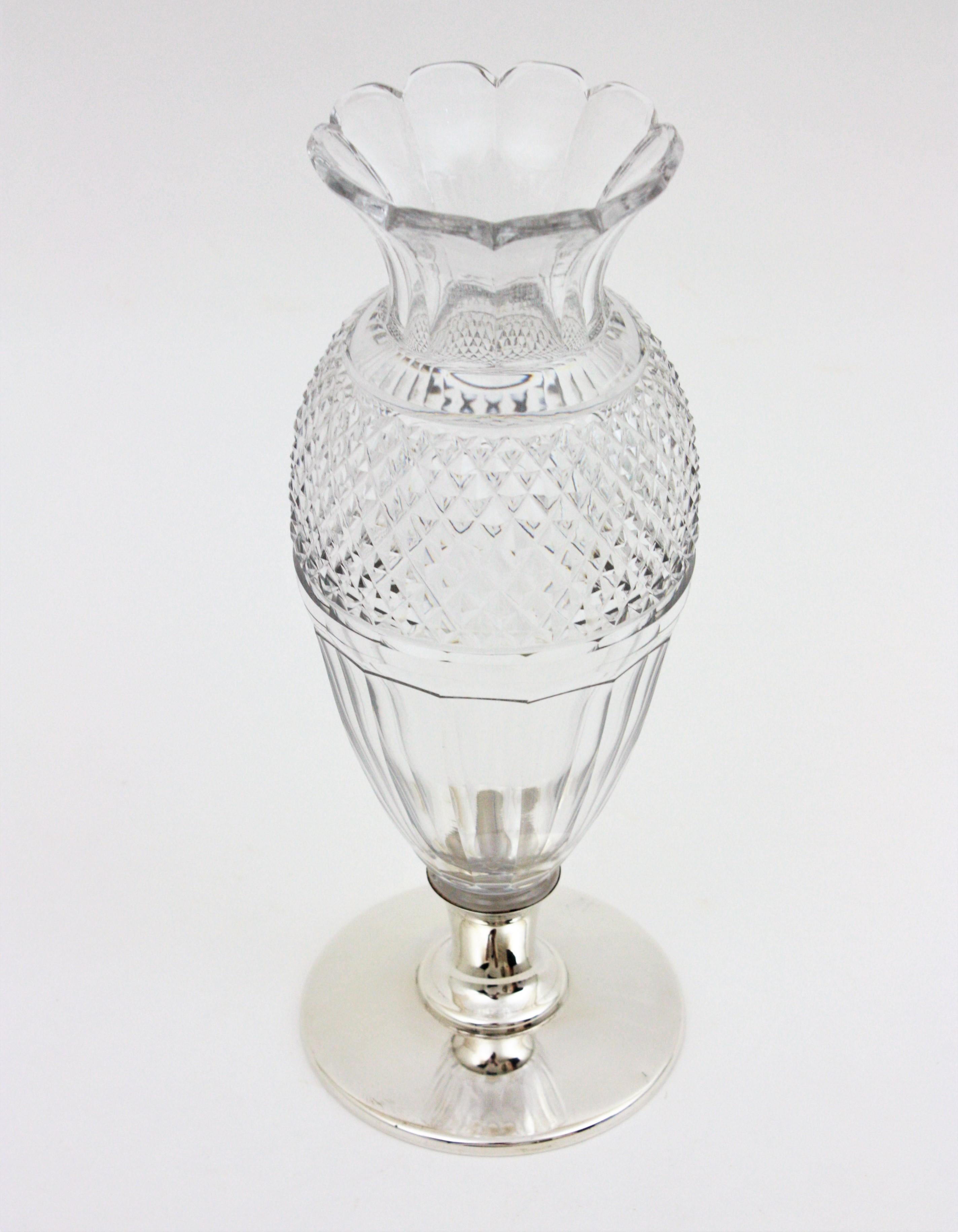 20th Century Spanish Art Deco Cut Crystal and Silver Urn Vase For Sale