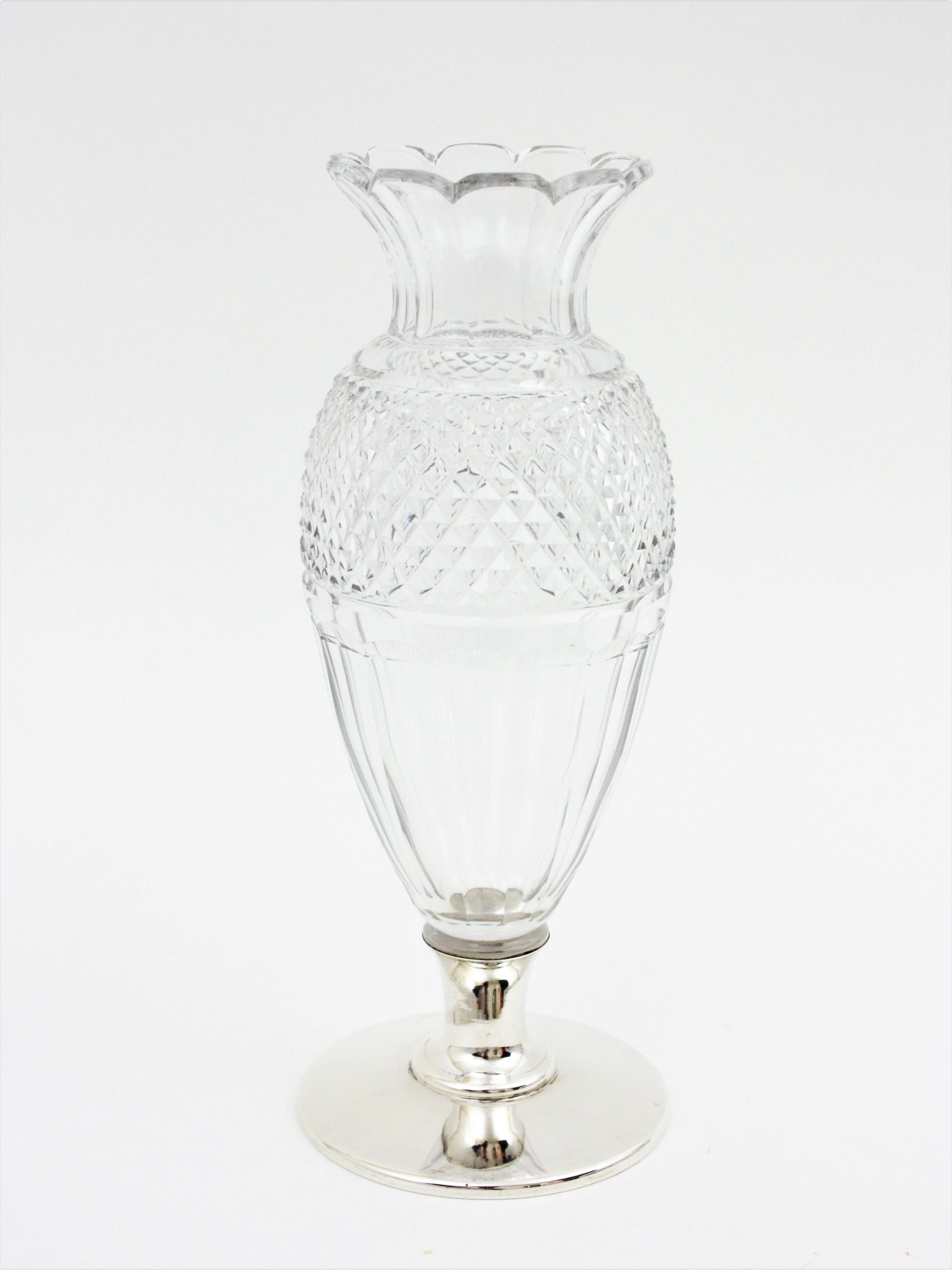 Spanish Art Deco Cut Crystal and Silver Urn Vase For Sale 1