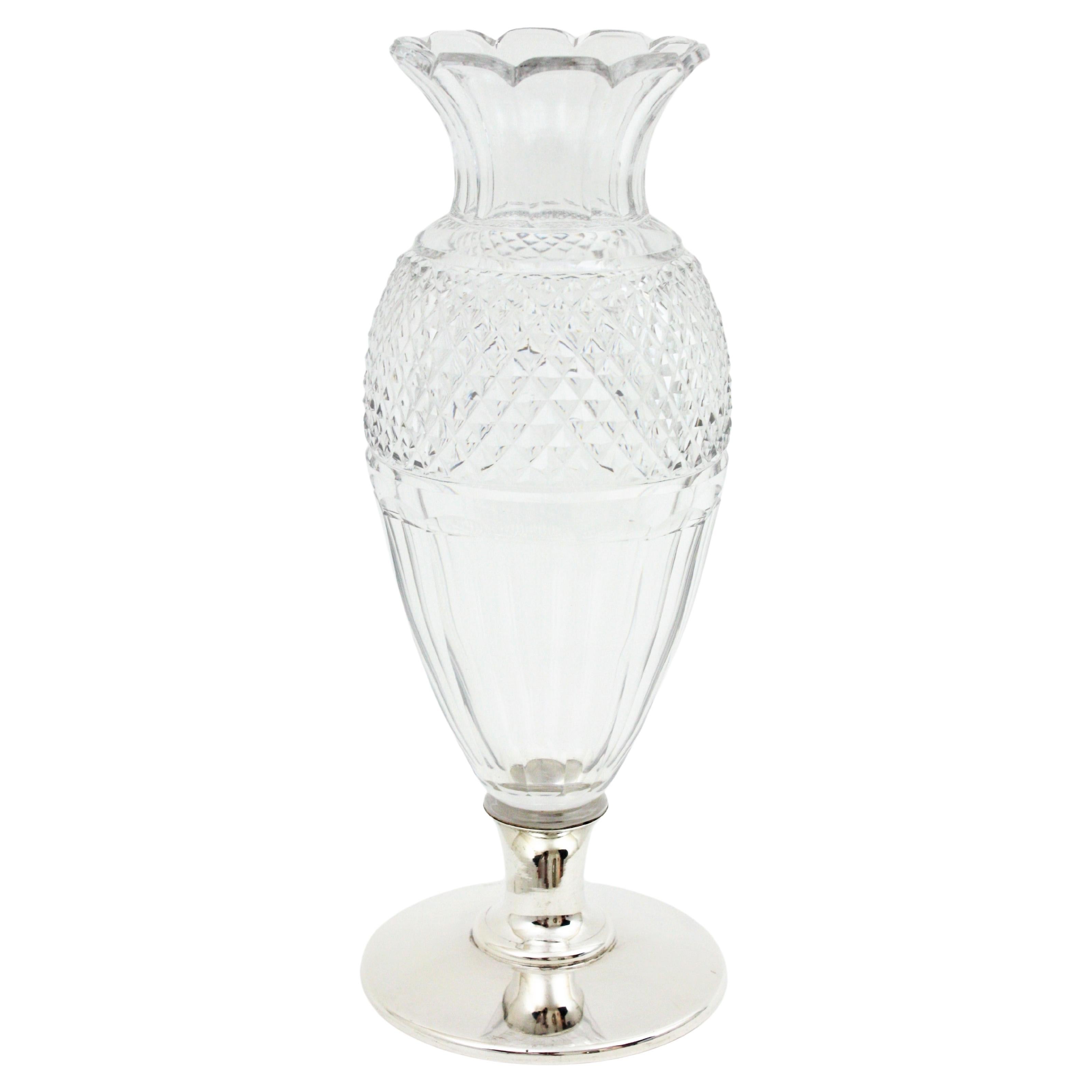 Spanish Art Deco Cut Crystal and Silver Urn Vase For Sale