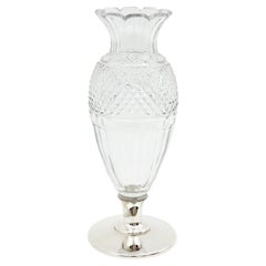 Vintage Spanish Art Deco Cut Crystal and Silver Urn Vase