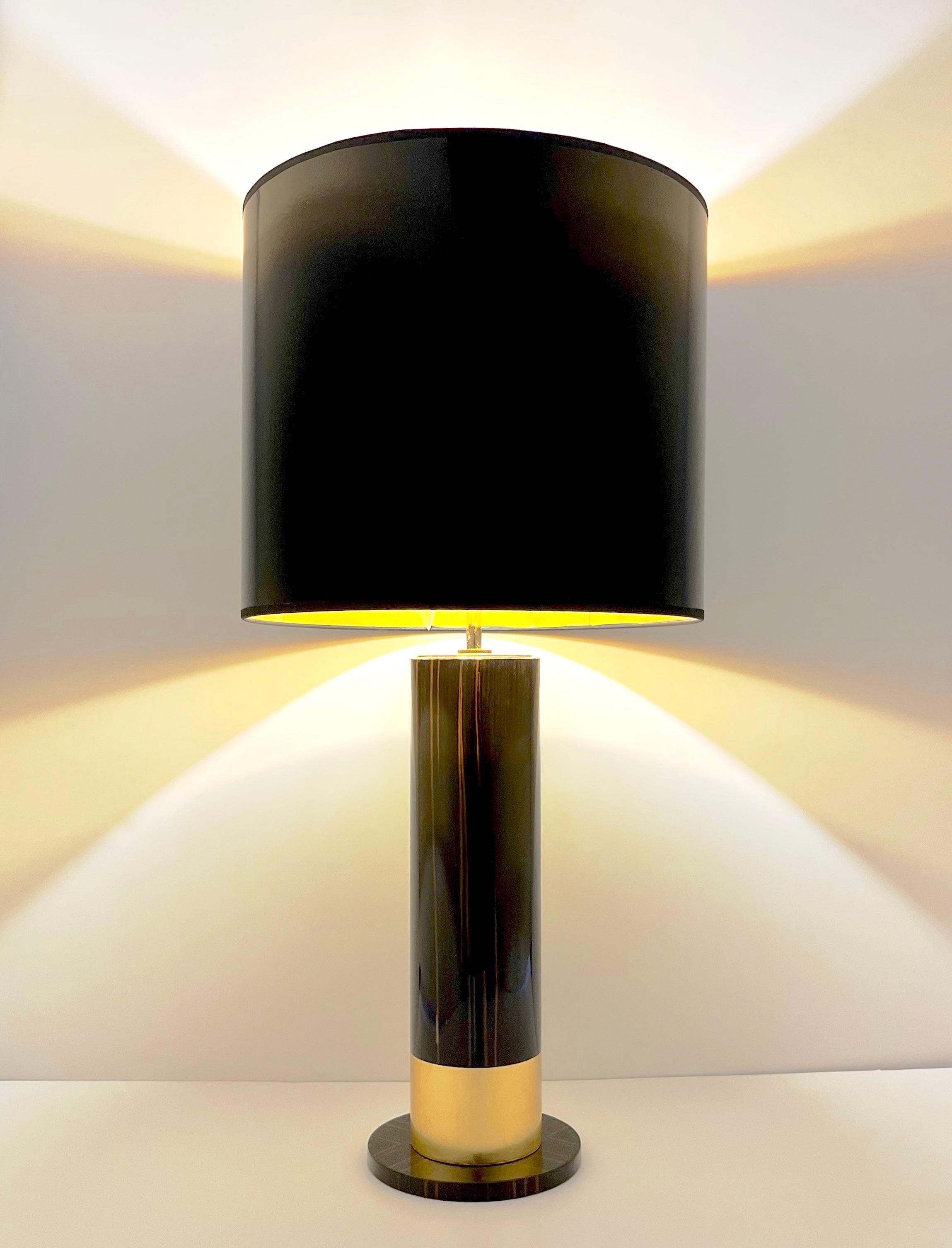 Spanish Art Deco Design Pair of Black Brown Veneer & Gold Leaf Cylindrical Lamps For Sale 6